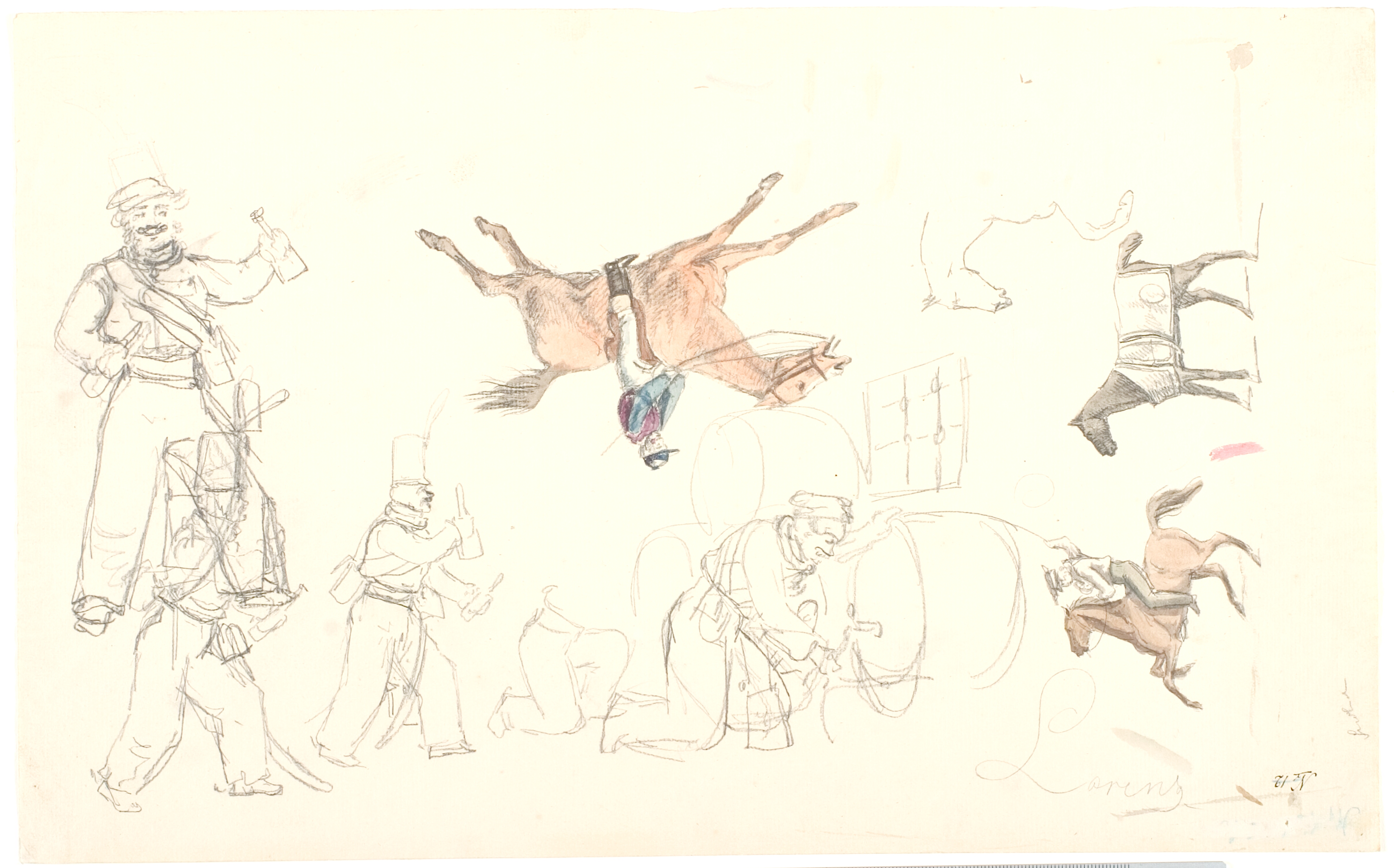 Forskellige udkast med ryttere, heste, soldater og andre figurer