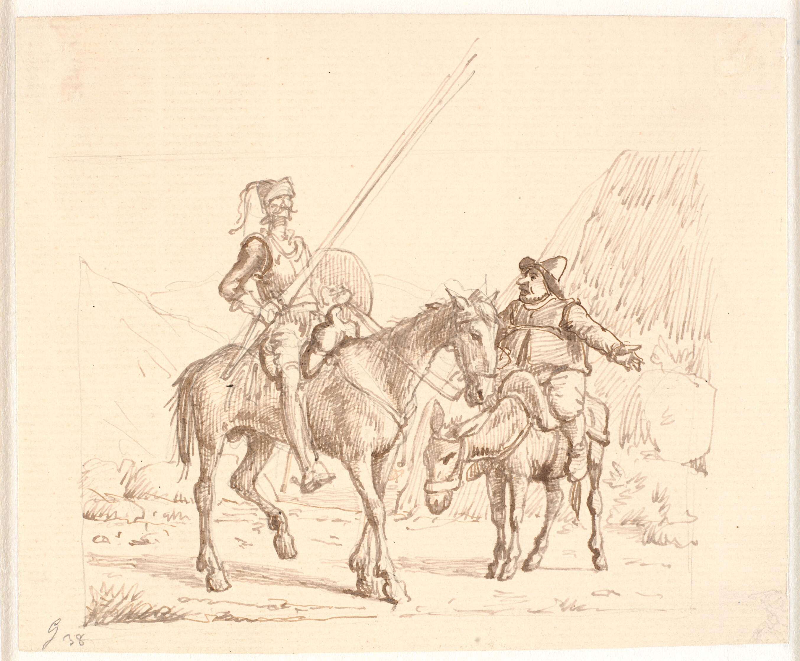 Sancho på æslet forklarer Don Quixote noget