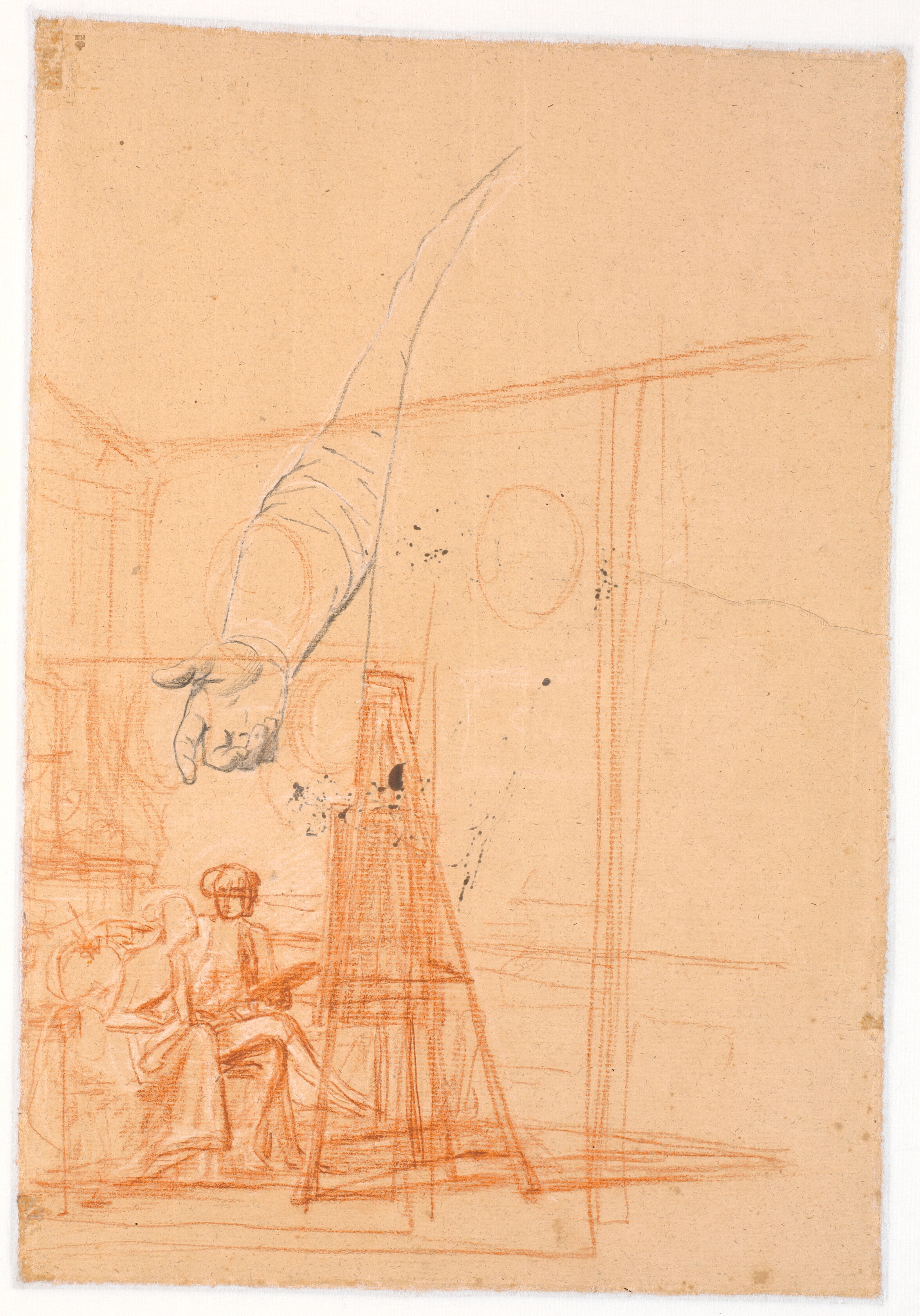 Studie af højre arm på en stående mandsfigur samt et kompositionsudkast til at dobbeltportræt af Juel og hans kone ved staffeliet