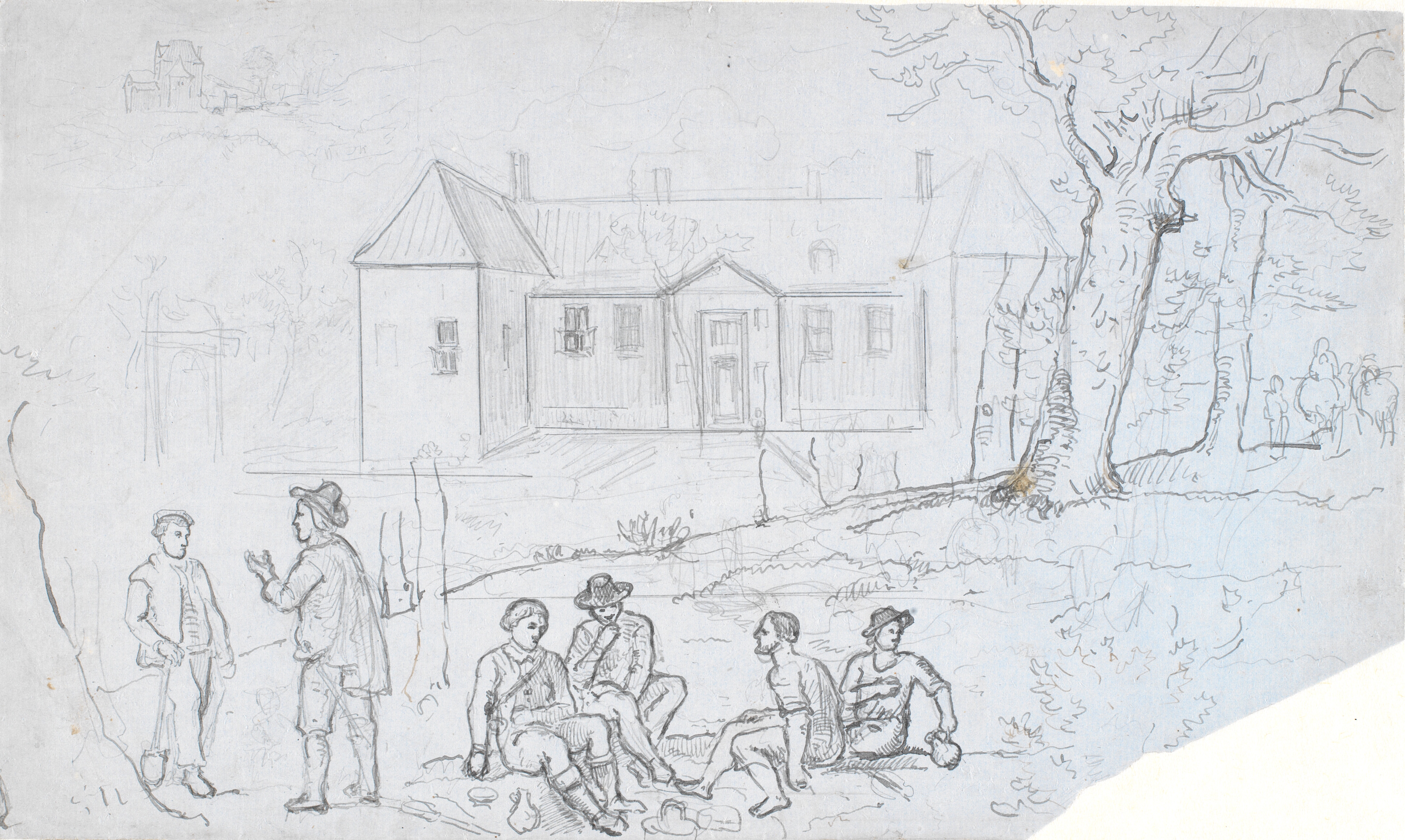 Landskab med en trefløjet bygning i baggrunden, i forgrunden en del staffagefigurer i ældre tids dragt