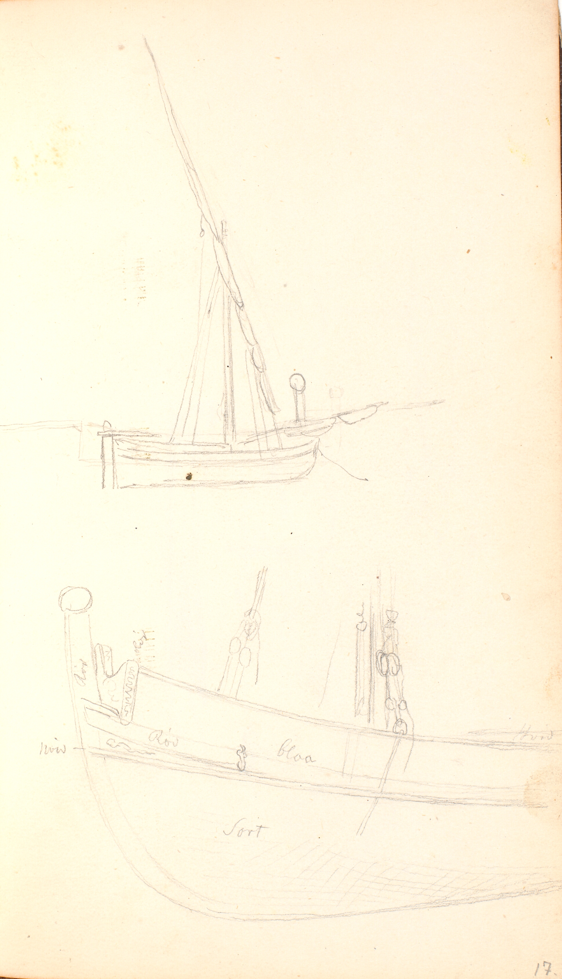 En både med skrå mast samt forstavnen af et skib