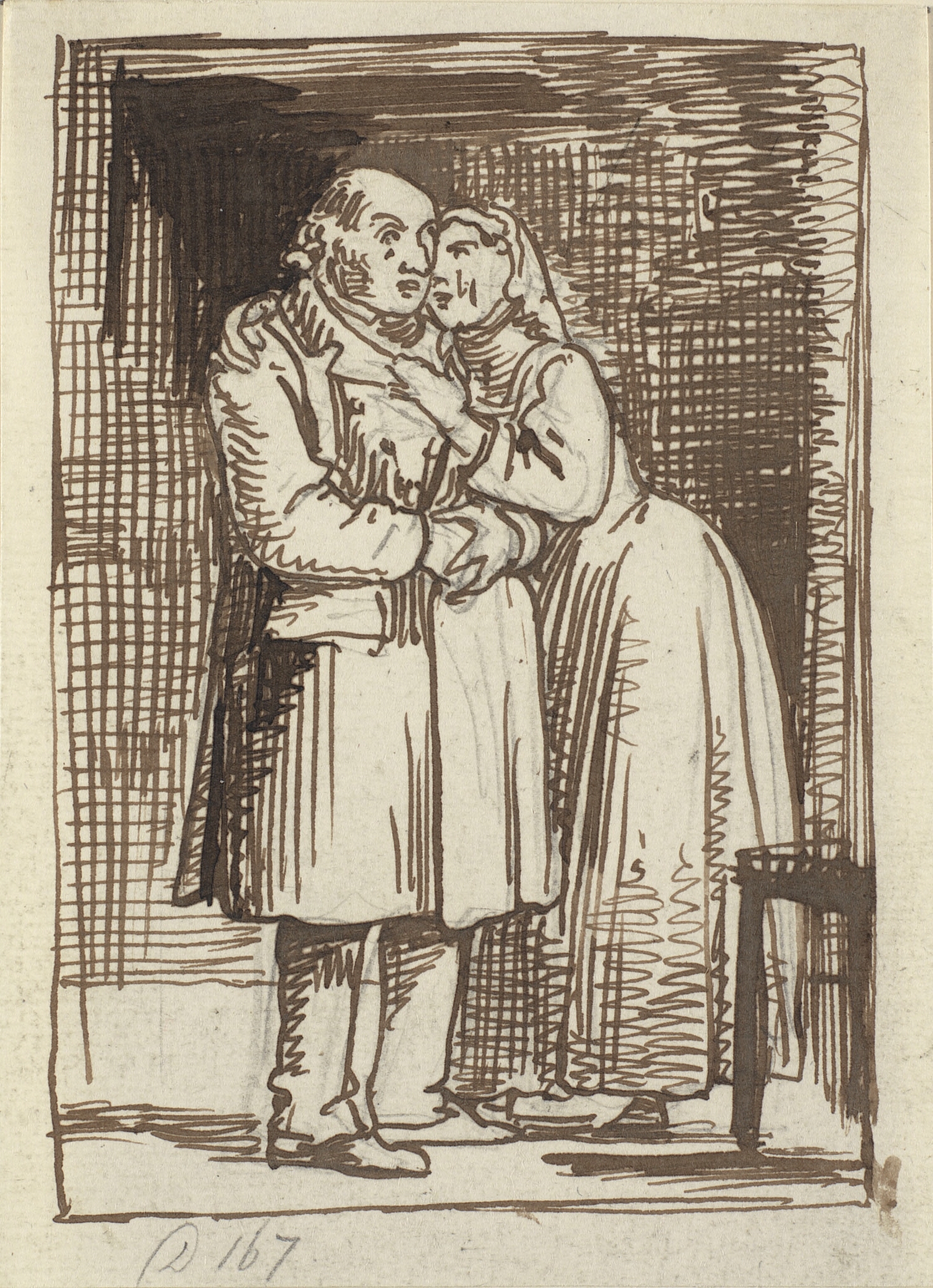 Den sleske kone. En kone taler indtrængende til sin gamle ægtemand og har armene om hans hals