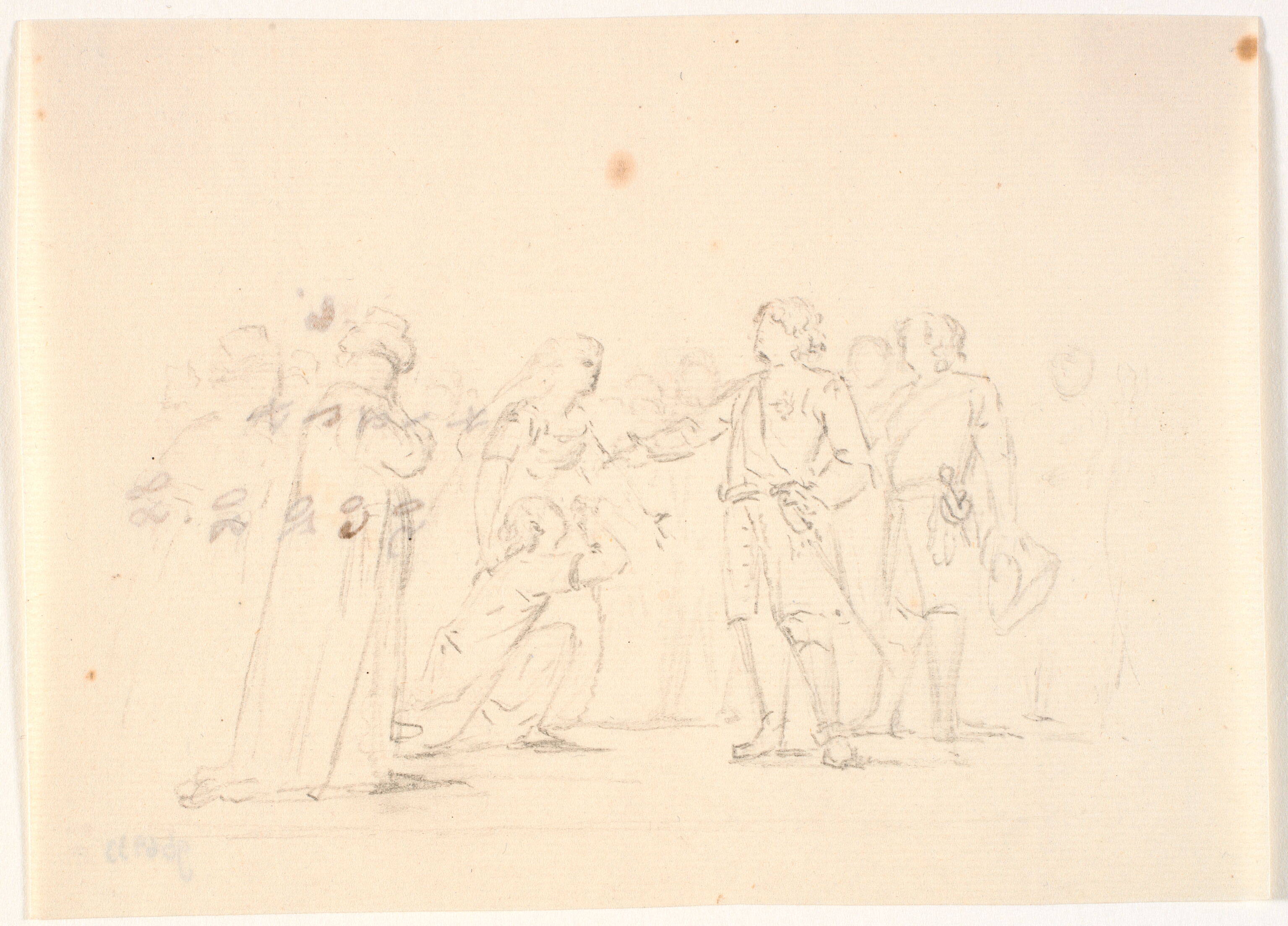 Scene med fem figurer og rids af andre i baggrunden