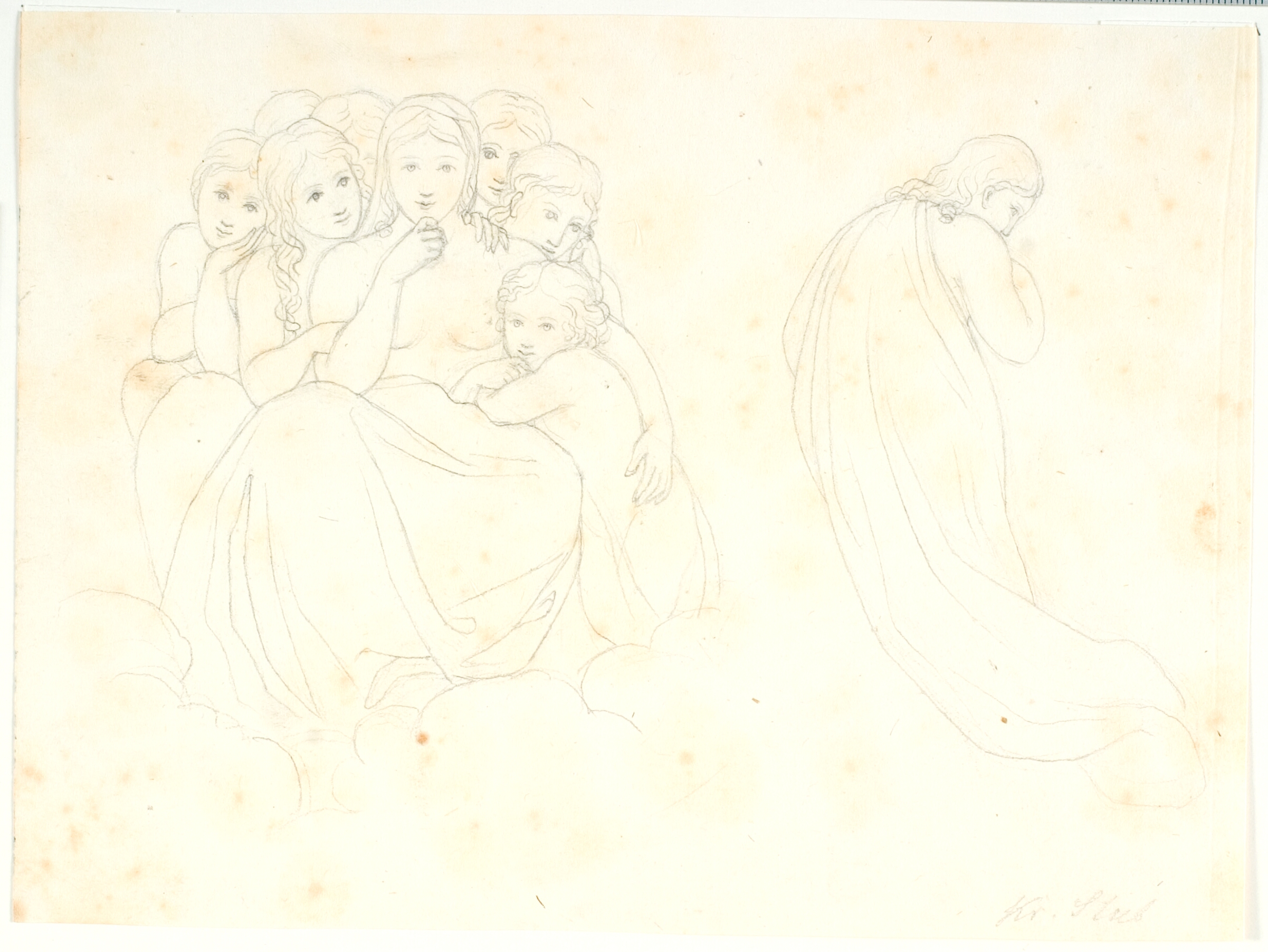 Kvinde siddende på skyer omgivet af en flok børn, til højre en svævende figur