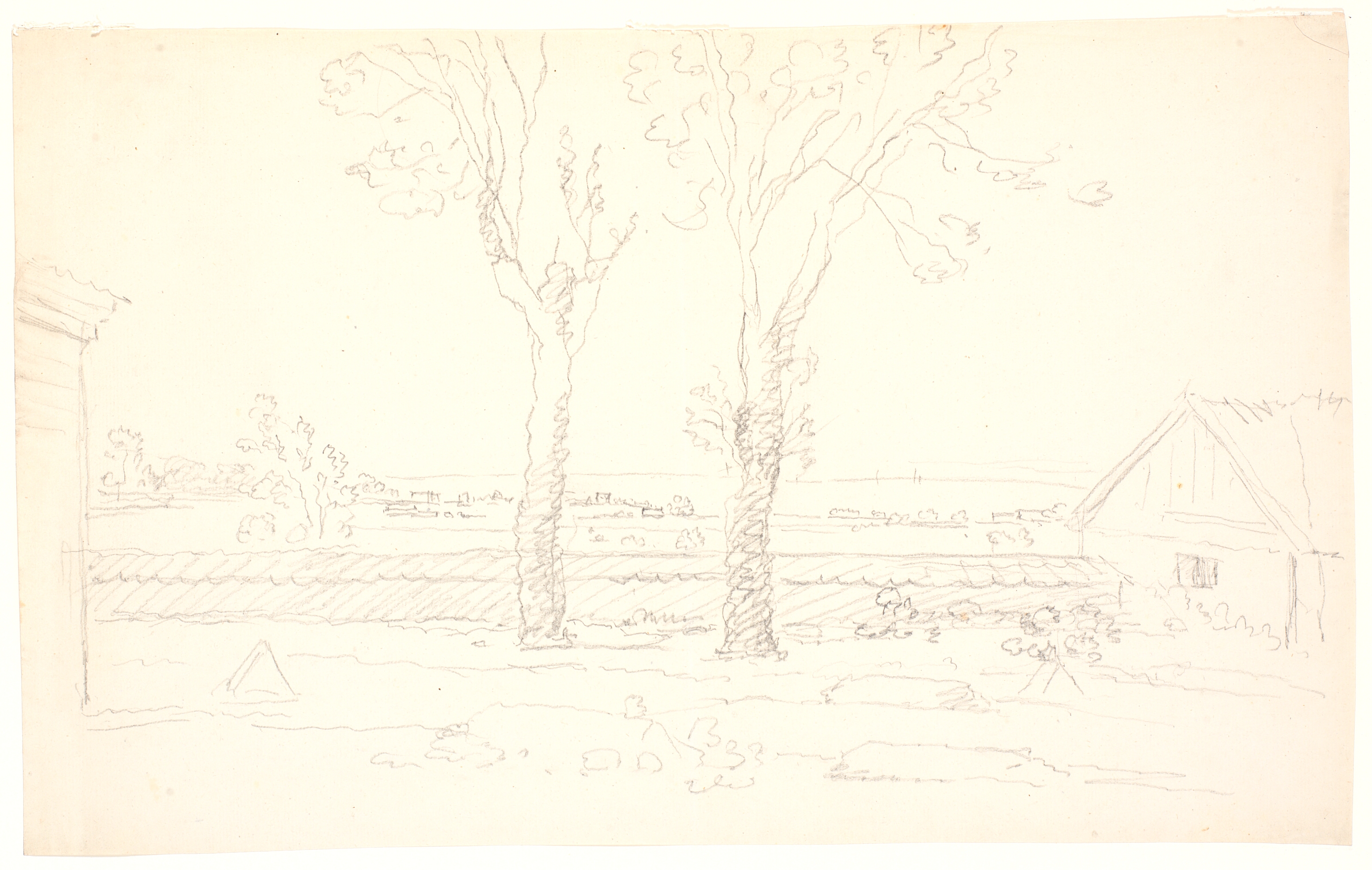 Landskab med to træer i midten. T.h. gavlen af et hus