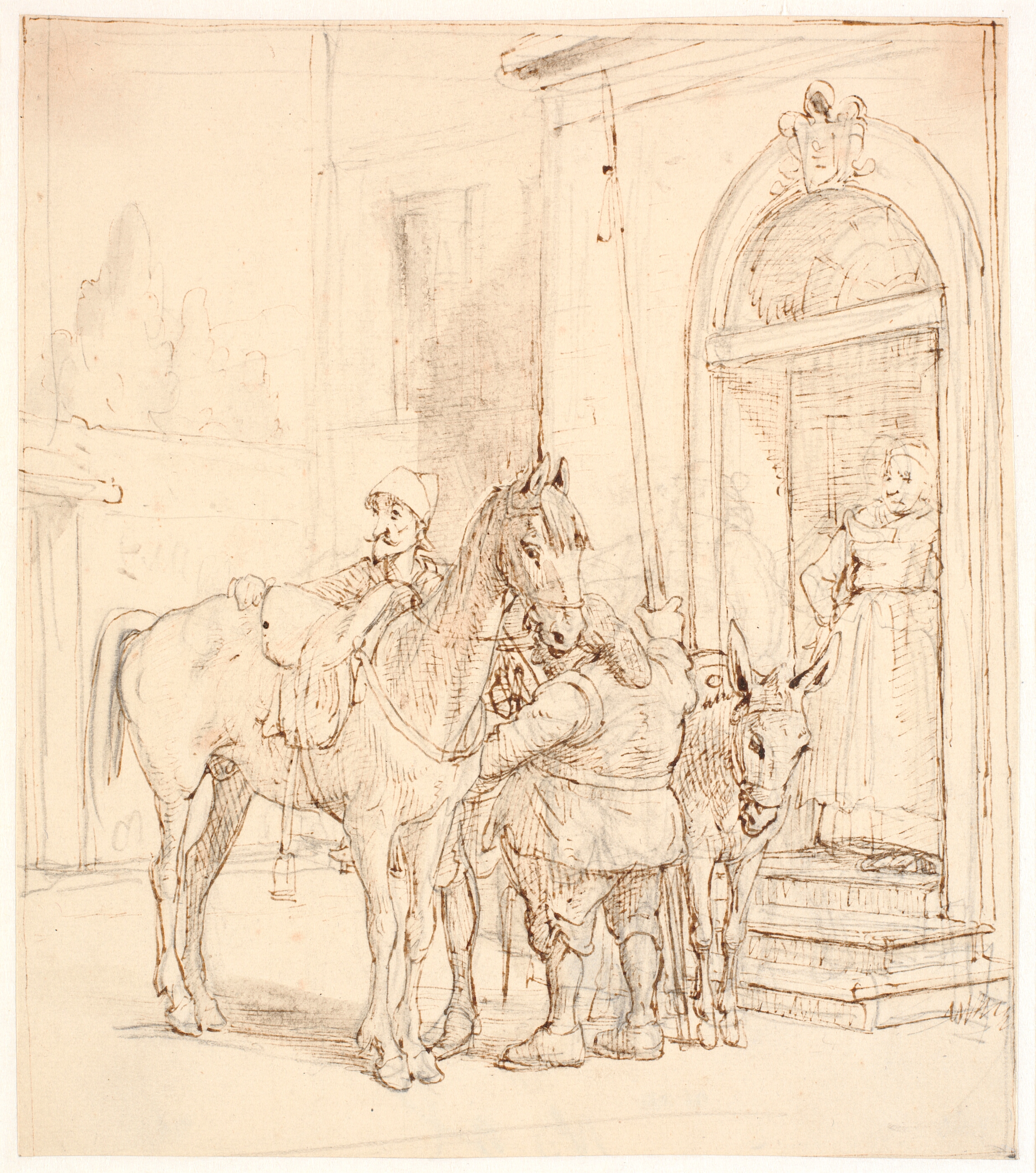 Don Quixote og Sancho Pansa uden for værtshuset