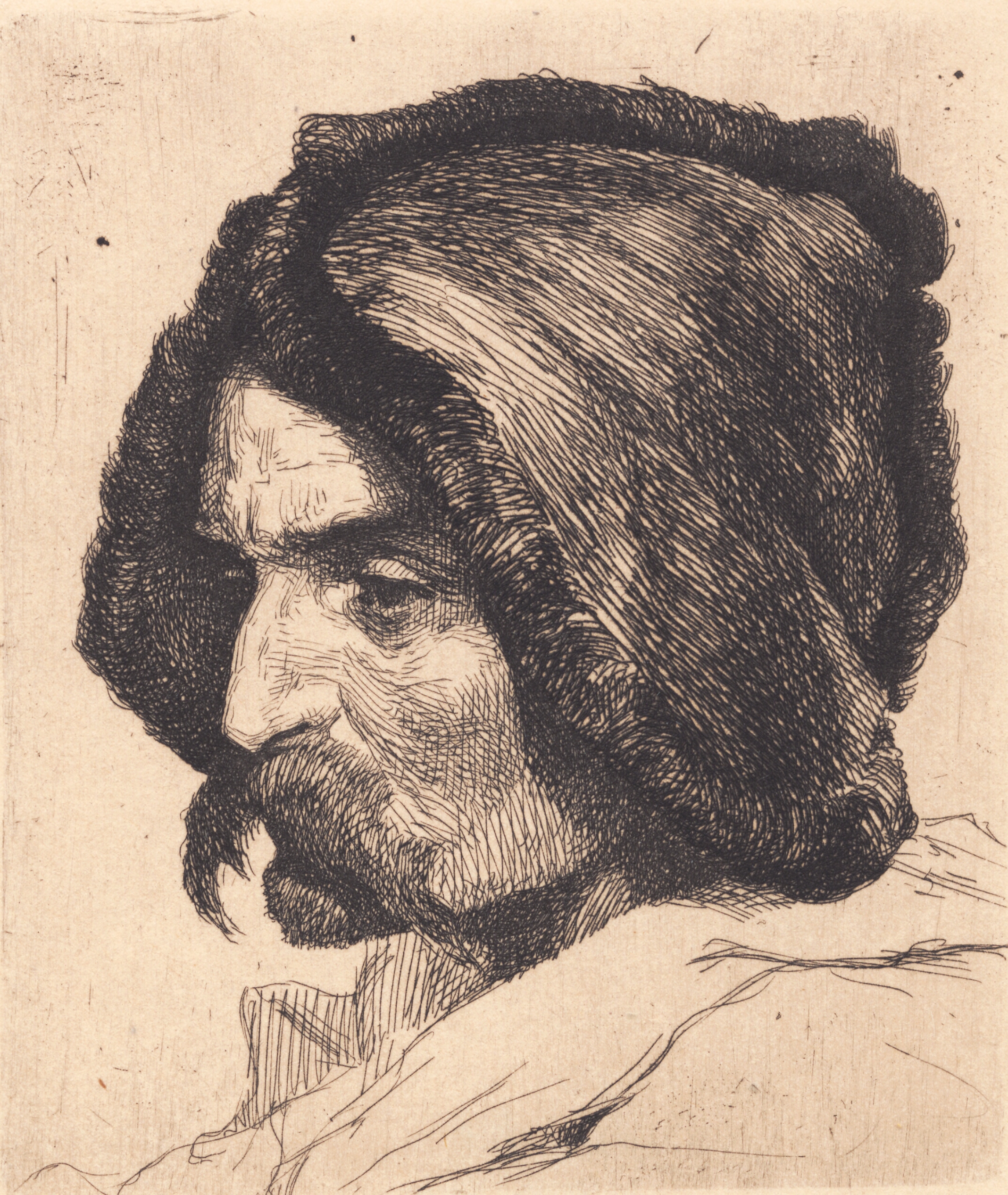 Prøveplade: Mandshoved med langt overskæg og spansk hue