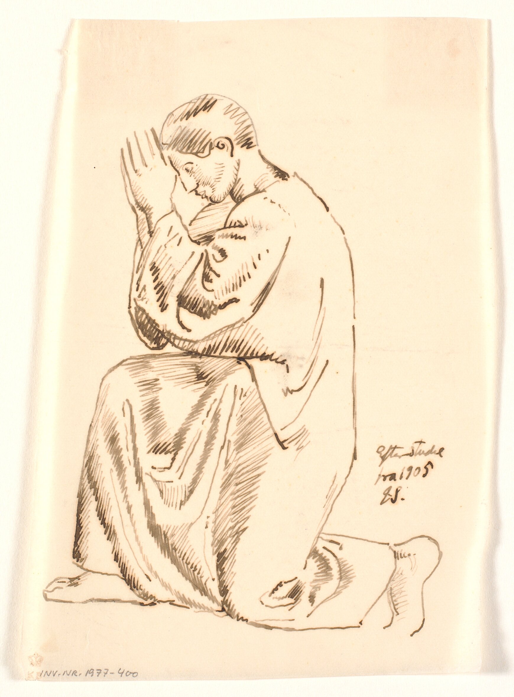 Knælende, bedende ung mand i profil