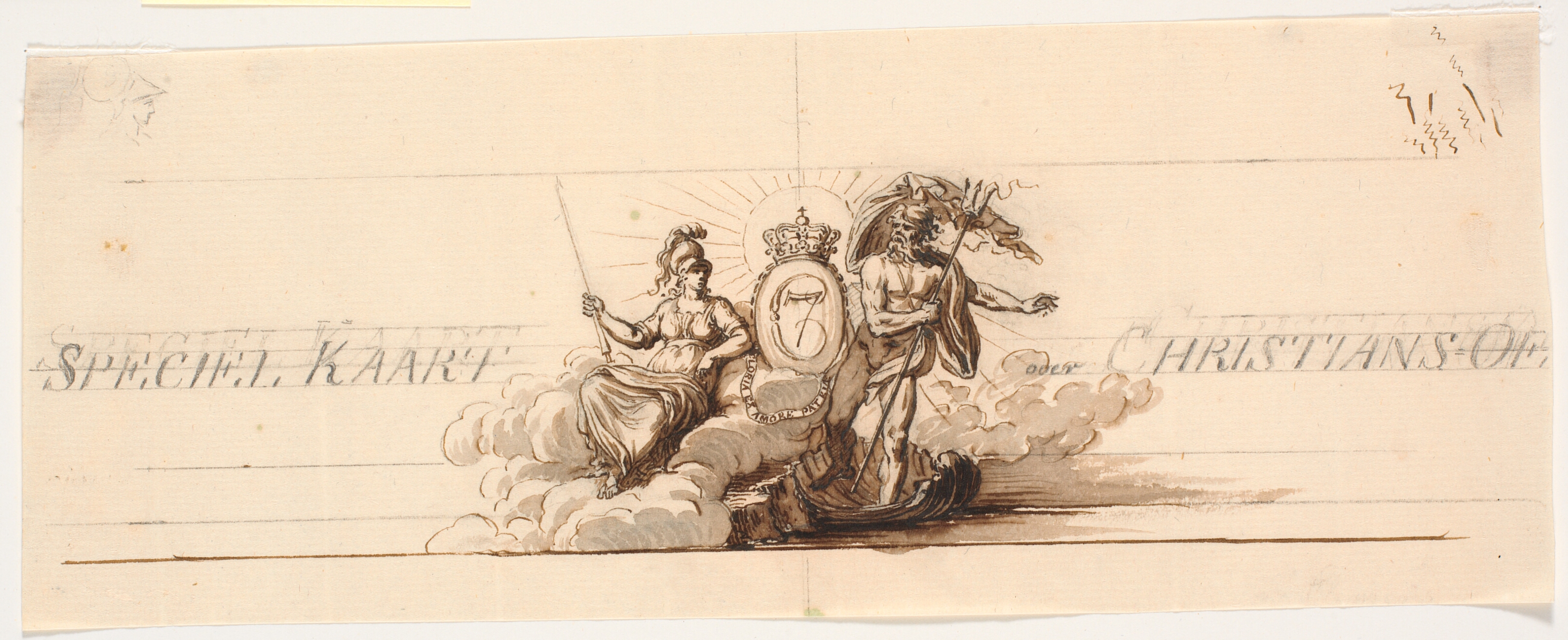 Udkast til titelvignet og prospekt til kort over Christiansø