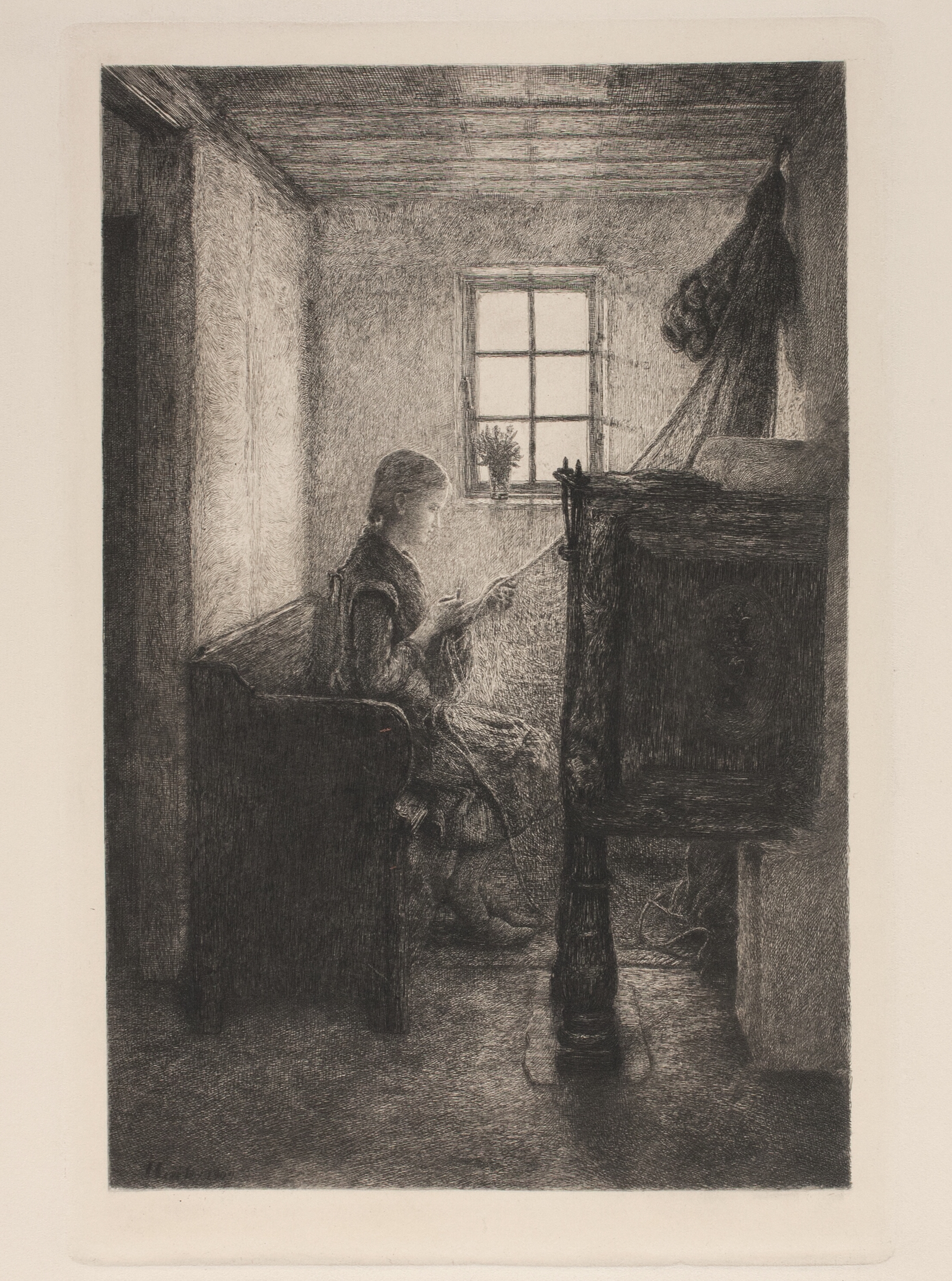 Ung pige, som bøder et fiskenet