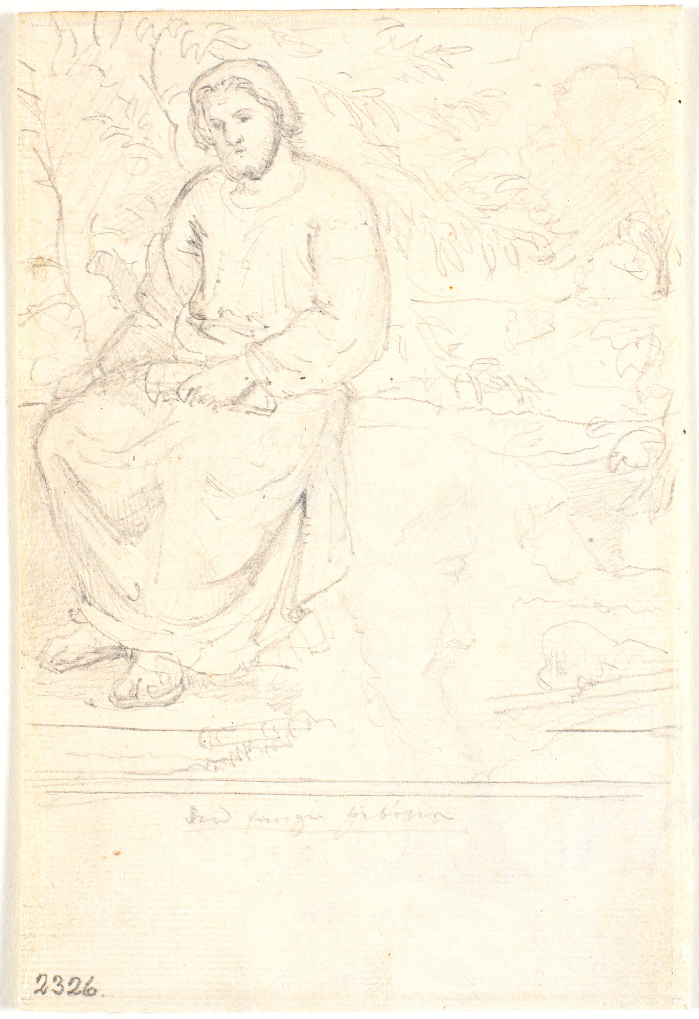 En gammel mand, der sidder ved siden af en mægtig træstamme, en bibelsk figur?