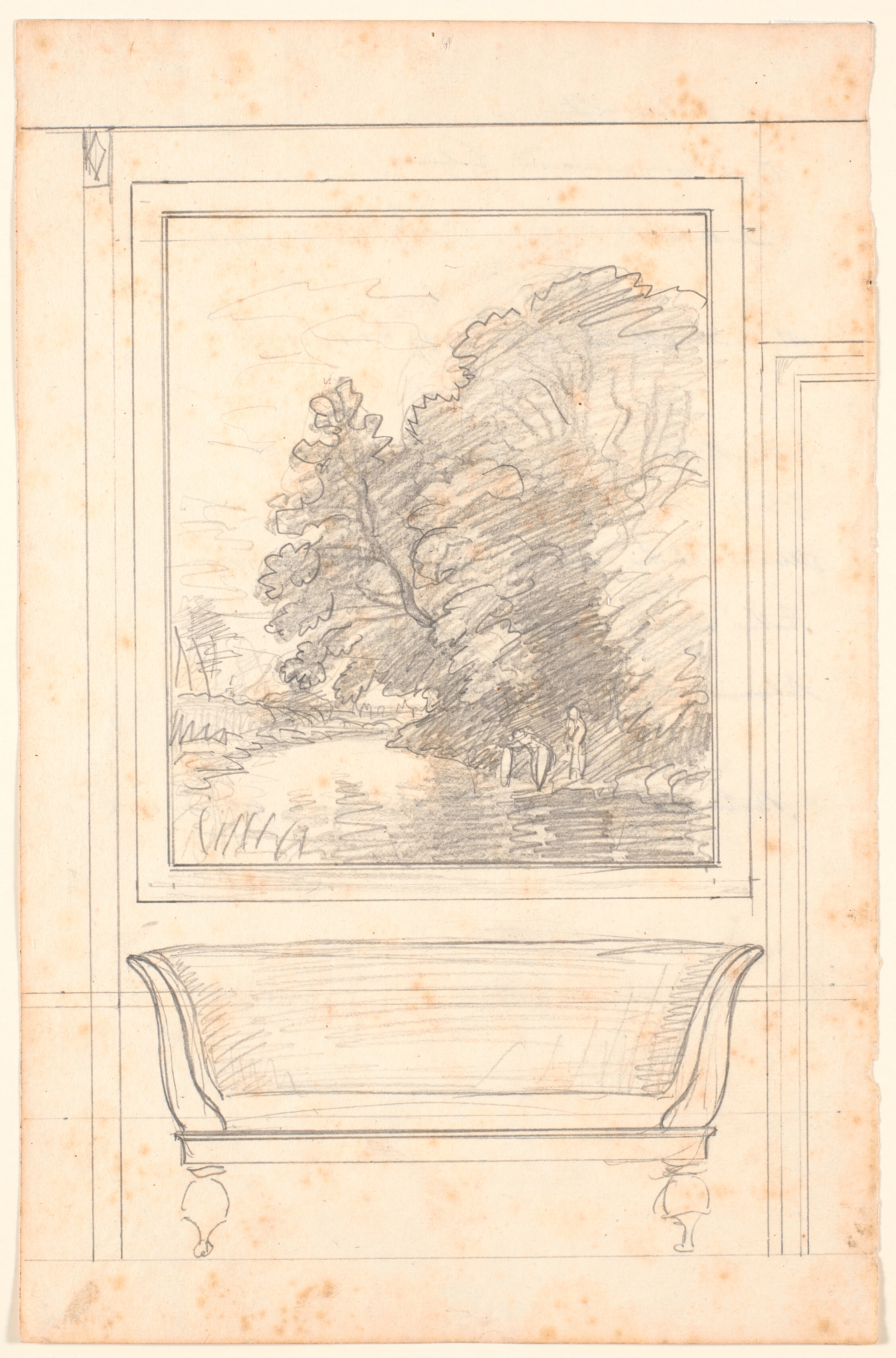 Udkast til udsmykning af en stuevæg. Over en sofa hænger et stort, indrammet landskab med to kvinder under store træer ved en å.