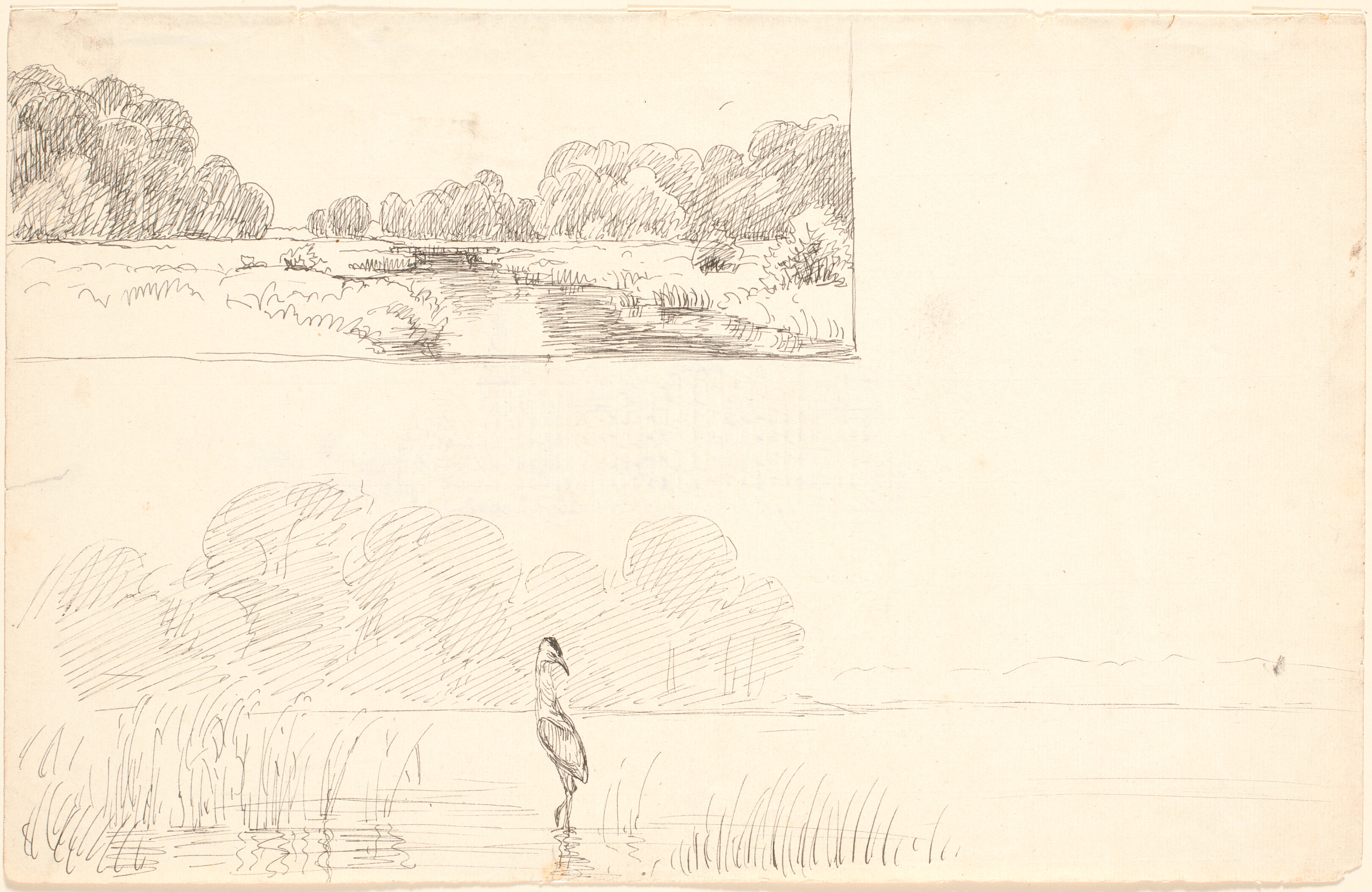Studieblad med to landskaber, foroven en å bag hvis flade bredder man både t.h. og t.v. ser skovbryn. Forneden en sø med en hejre mellem siv, i baggrunden skov og bakker.