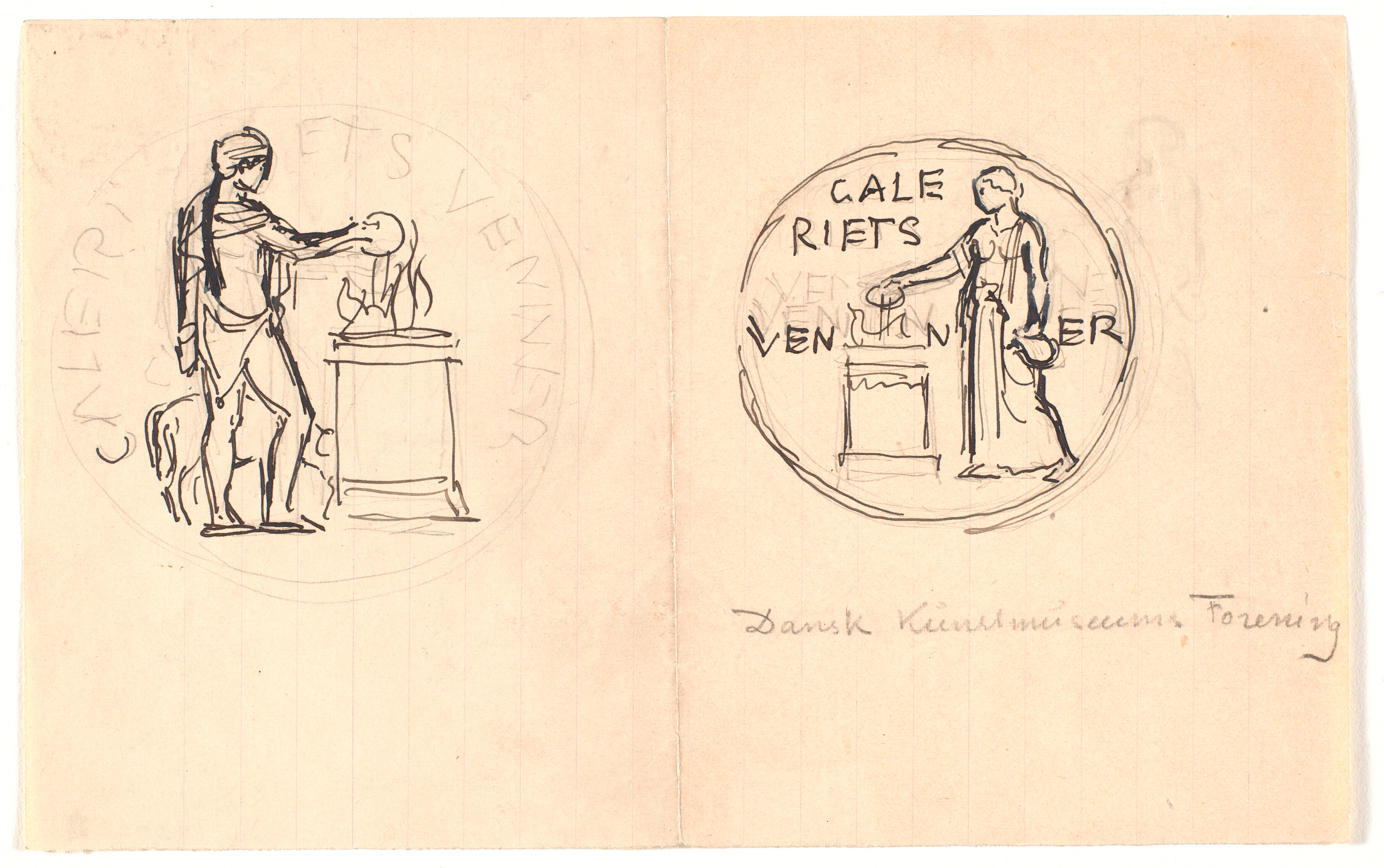 To udkast til vignet for Dansk Kunstmuseumsforening