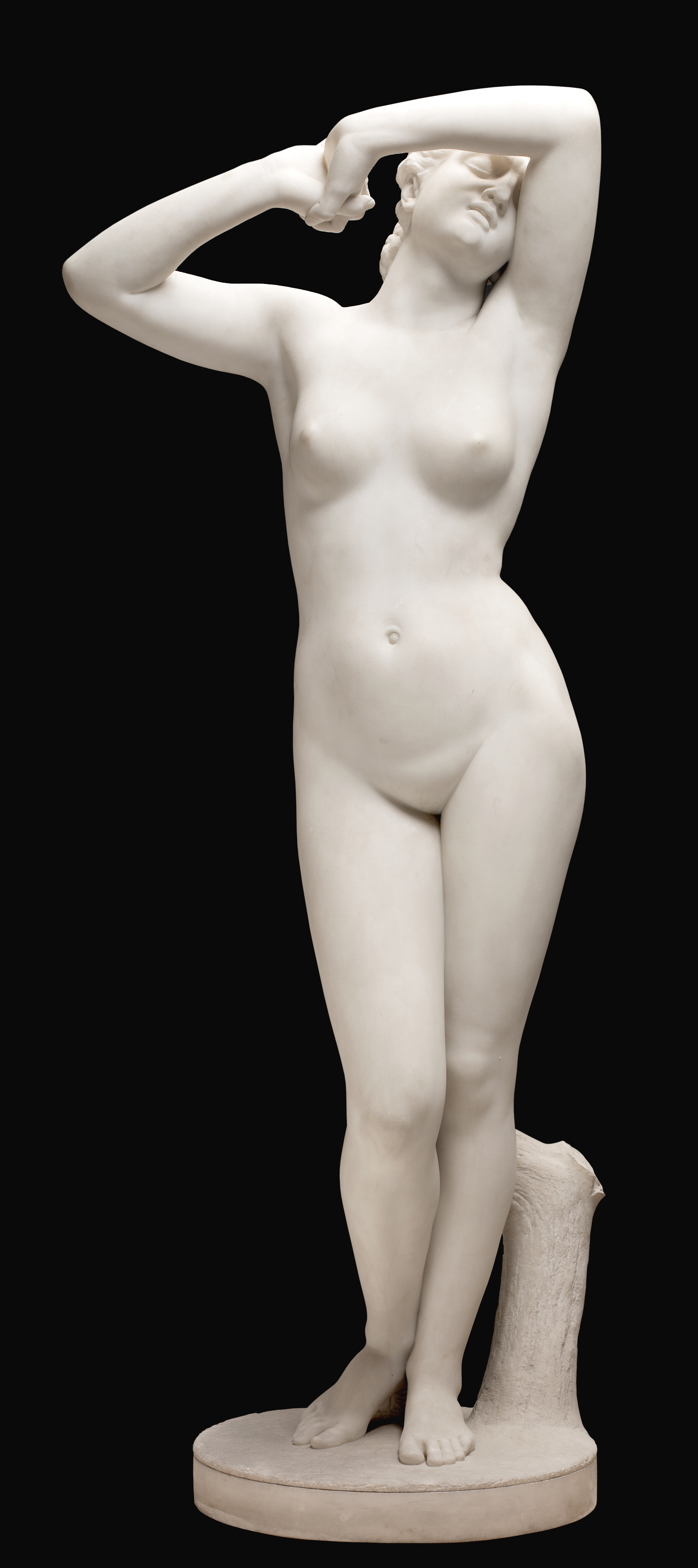 Susanna for rådet. Stående afklædt med løftede, foldede hænder og blikket vendt mod himlen