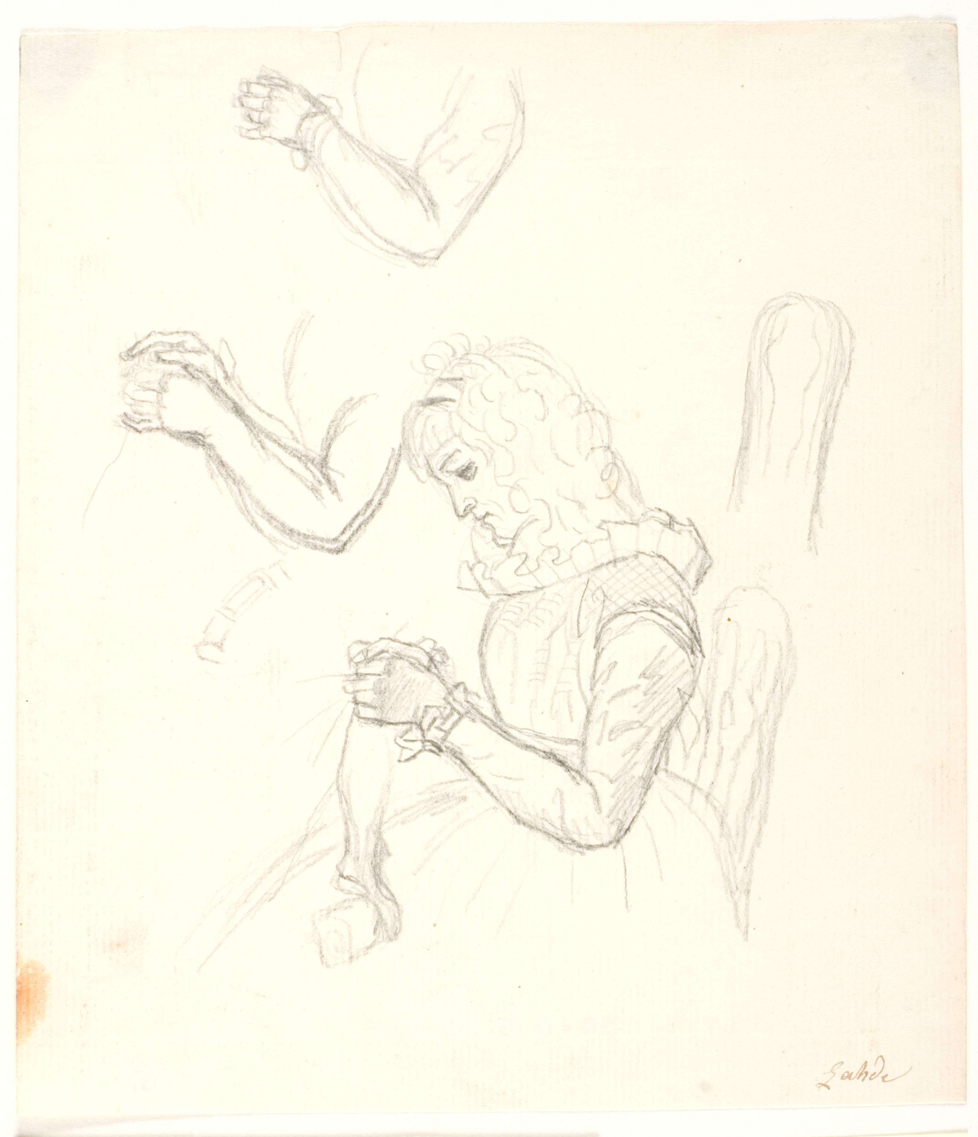 Siddende strikkende dame. Desuden to armstudier