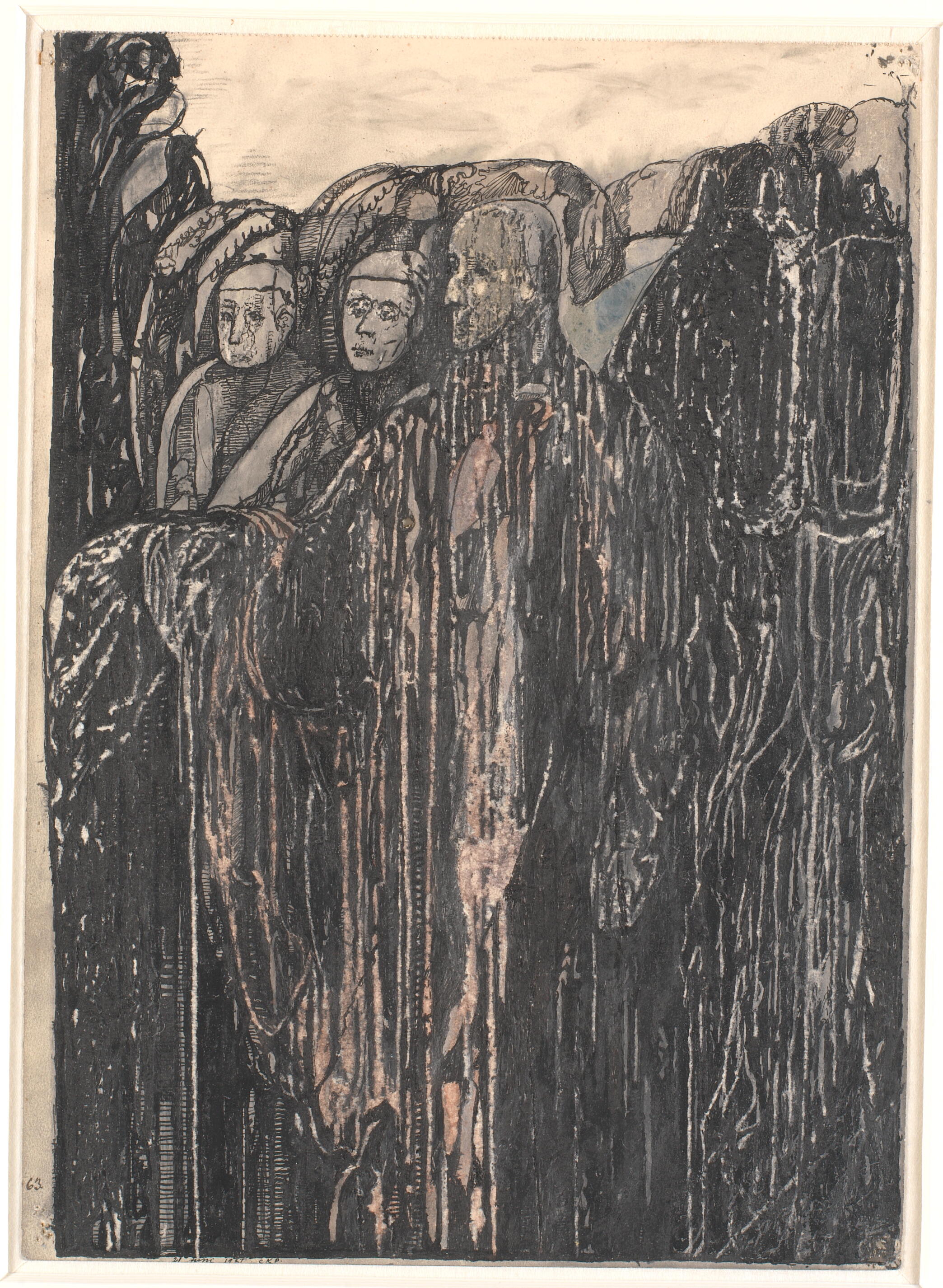 Tre figurer i en have.