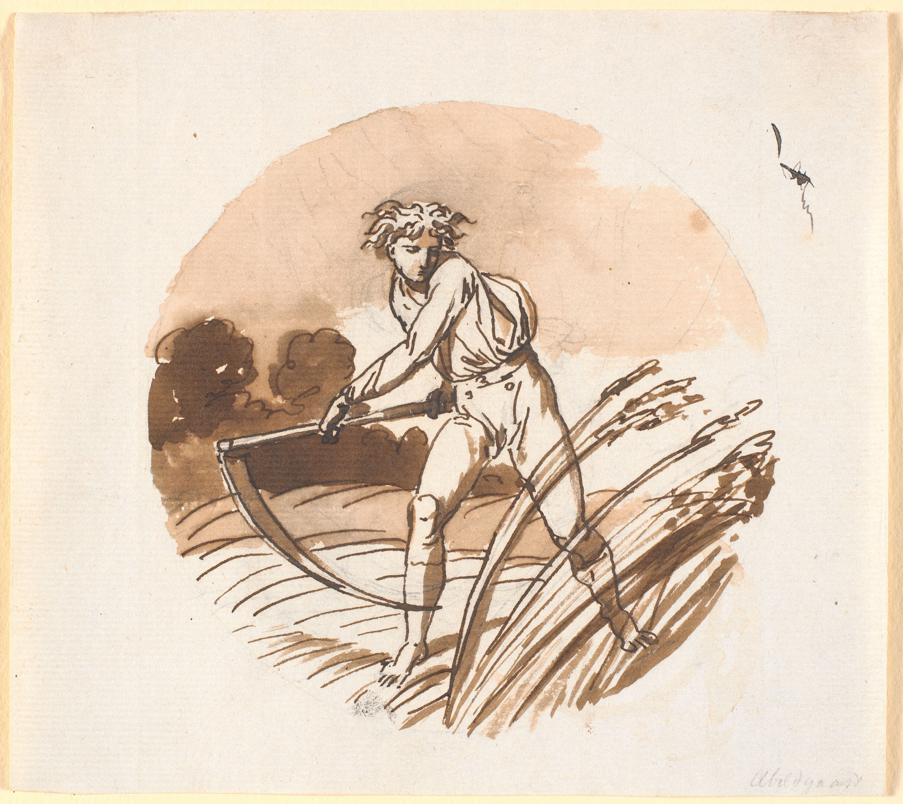 En høstmand, der svinger en le, bagvendt.