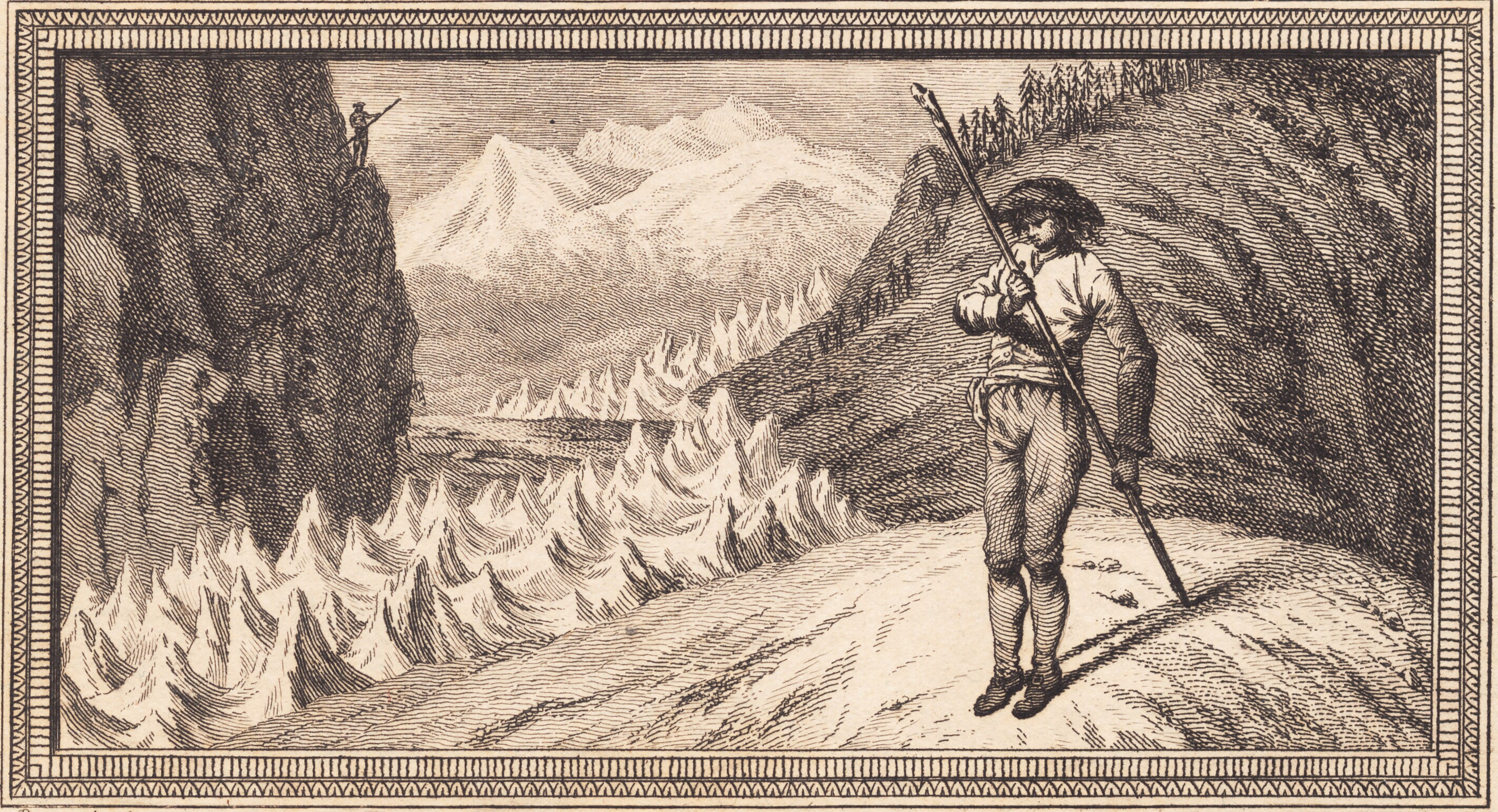 En mand på en sneflade støtter sig til en lang stav