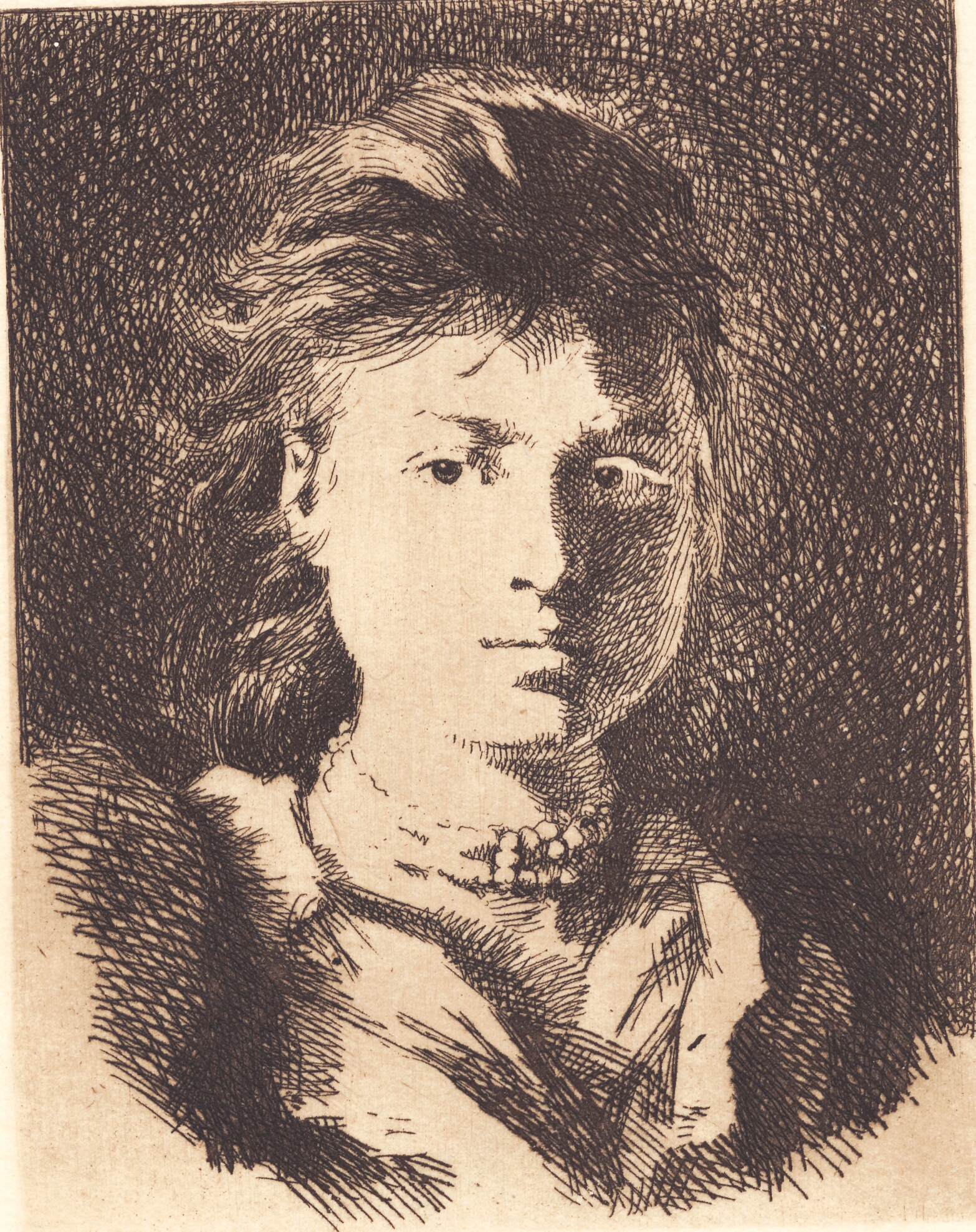 Ufuldført hoved af en ung pige, en face