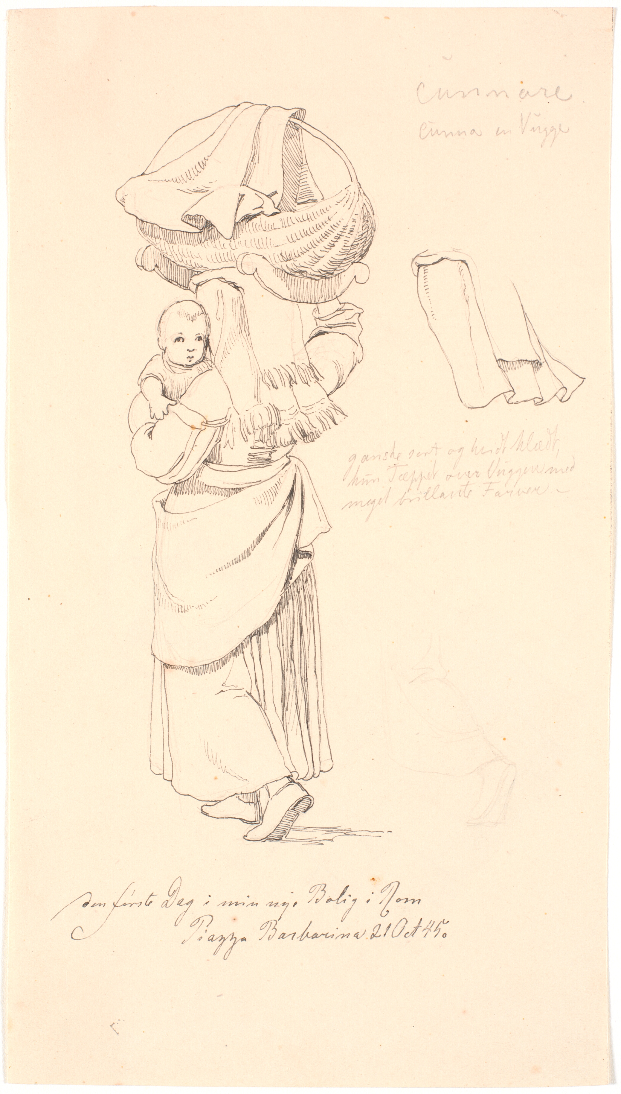 Italienerinde med sit barn på armen og dets vugge på hovedet. T.h. studie af hendes hovedtøj