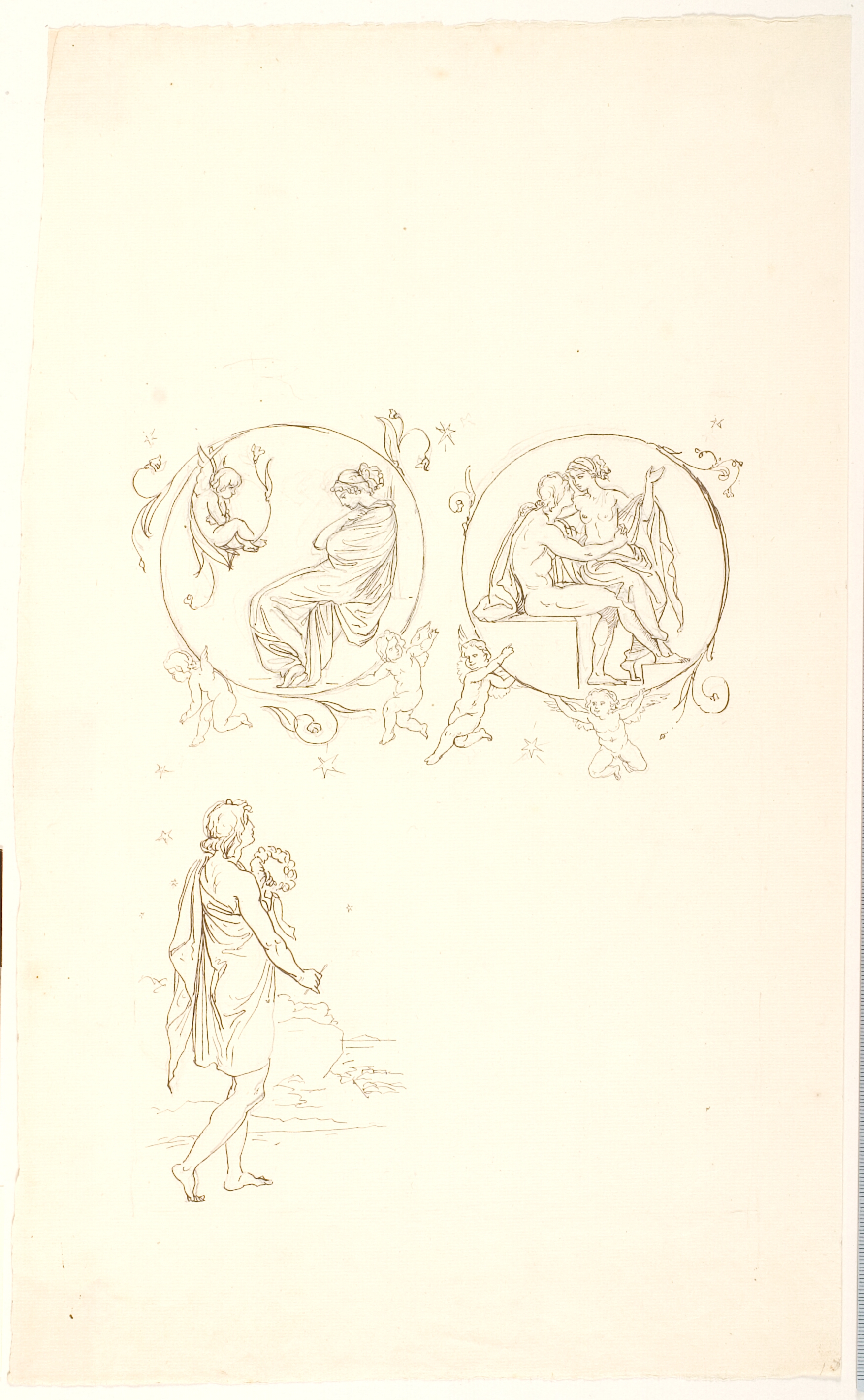 Vignet med sovende kvinde. Vignet med elskende par. Stående ung mand med krans