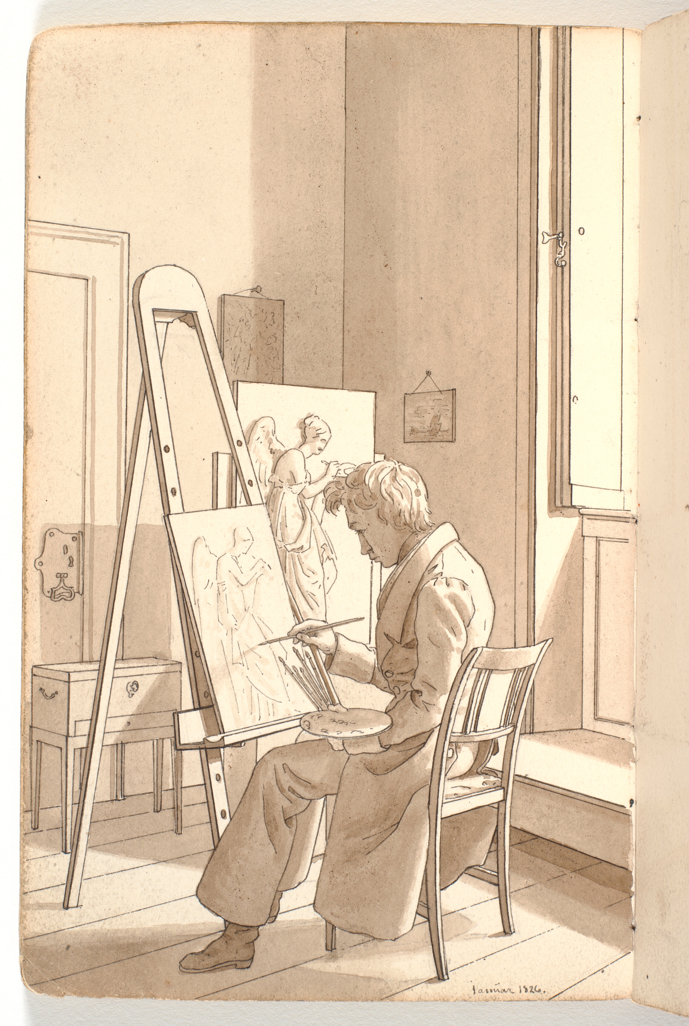 Interiør fra akademiet med ung kunstner malende ved staffeli