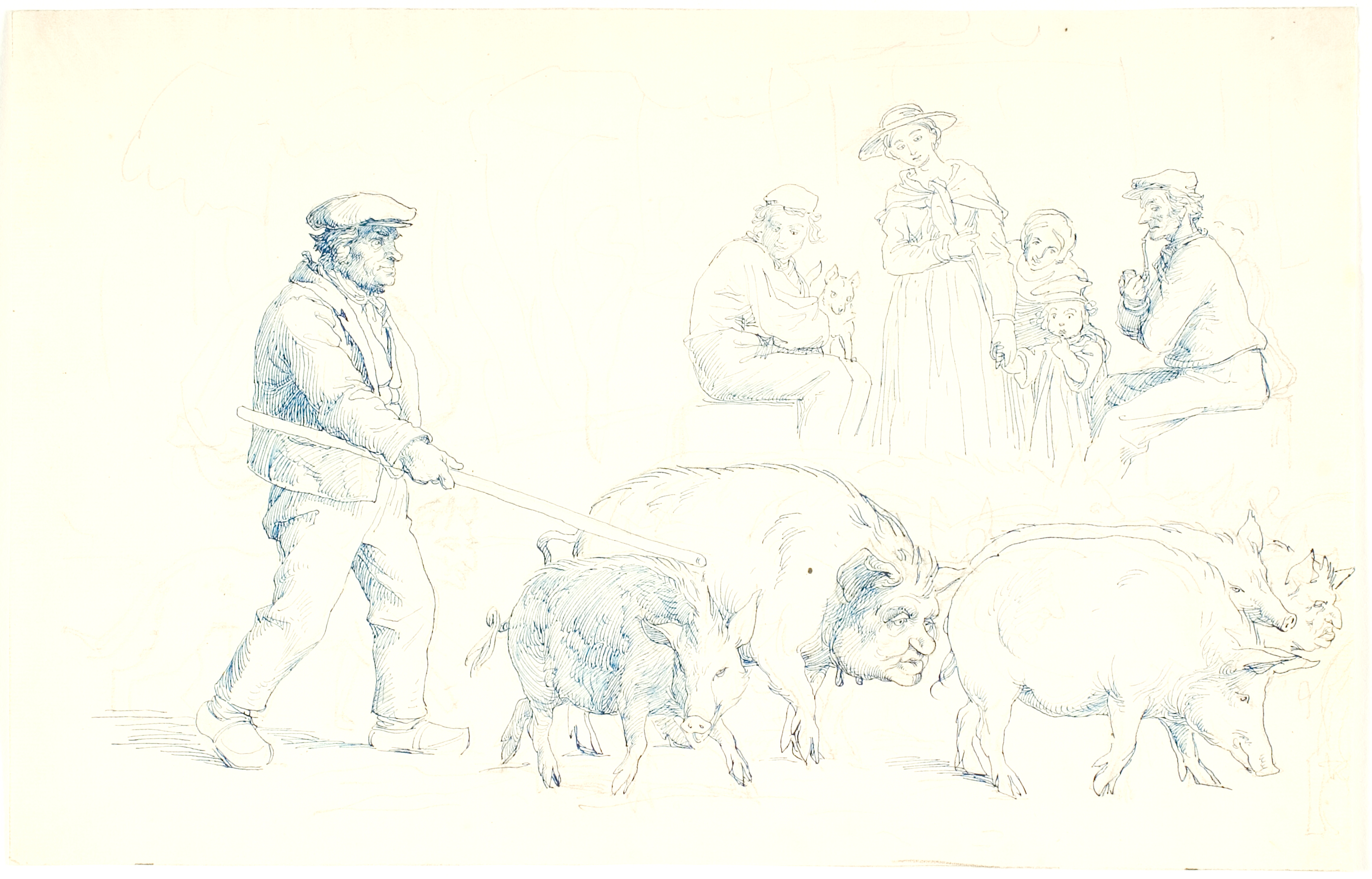 En bonde med en flok svin, delvis med menneskehoveder. I baggrunden menneskehoveder