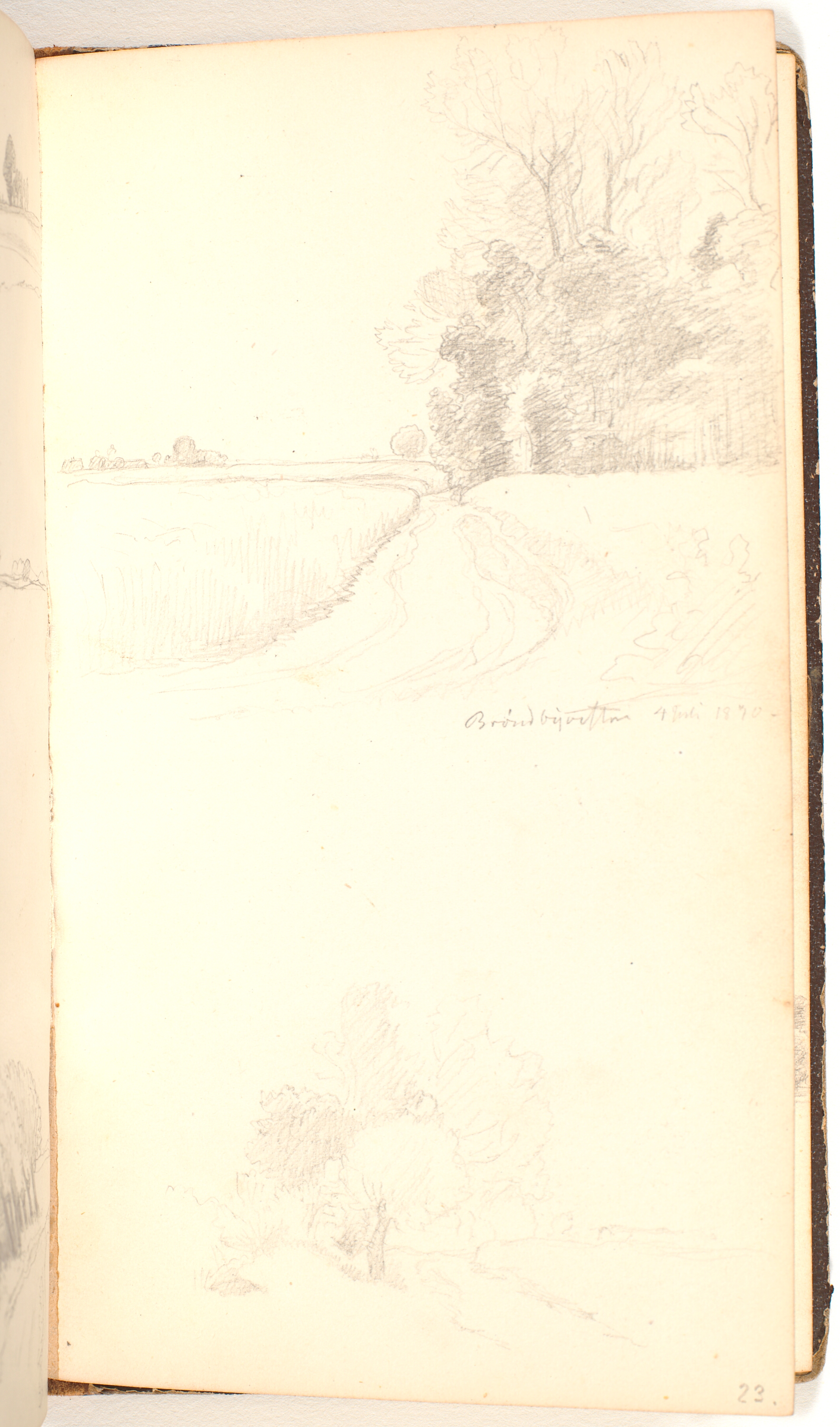 En vej gennem marker, til højre buskads og høje træer