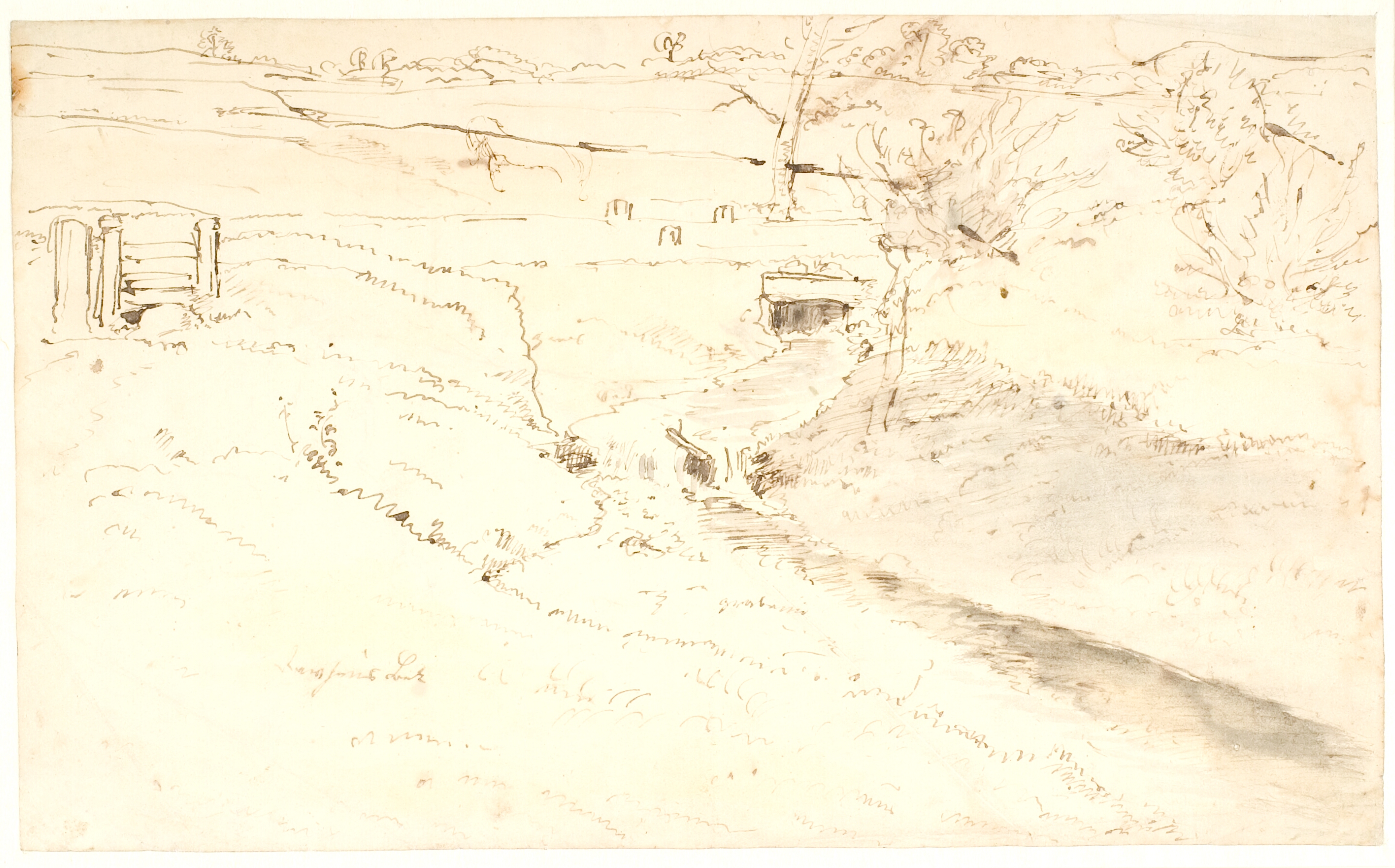 Landskab med en bæk, der løber under en landevej