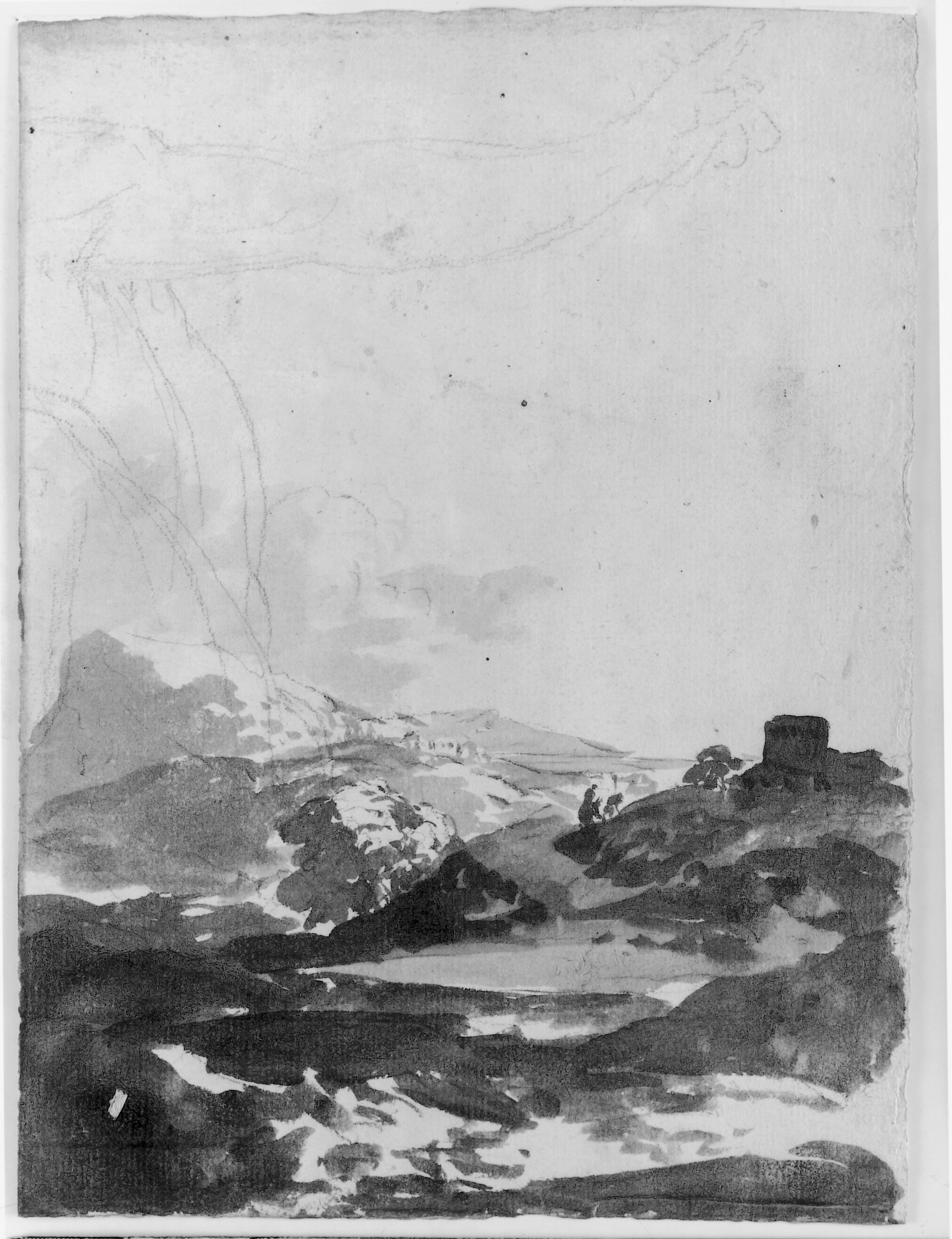 Bjerglandskab med fæstning tegnet oven på fragmentet af en nøgen mandsfigur