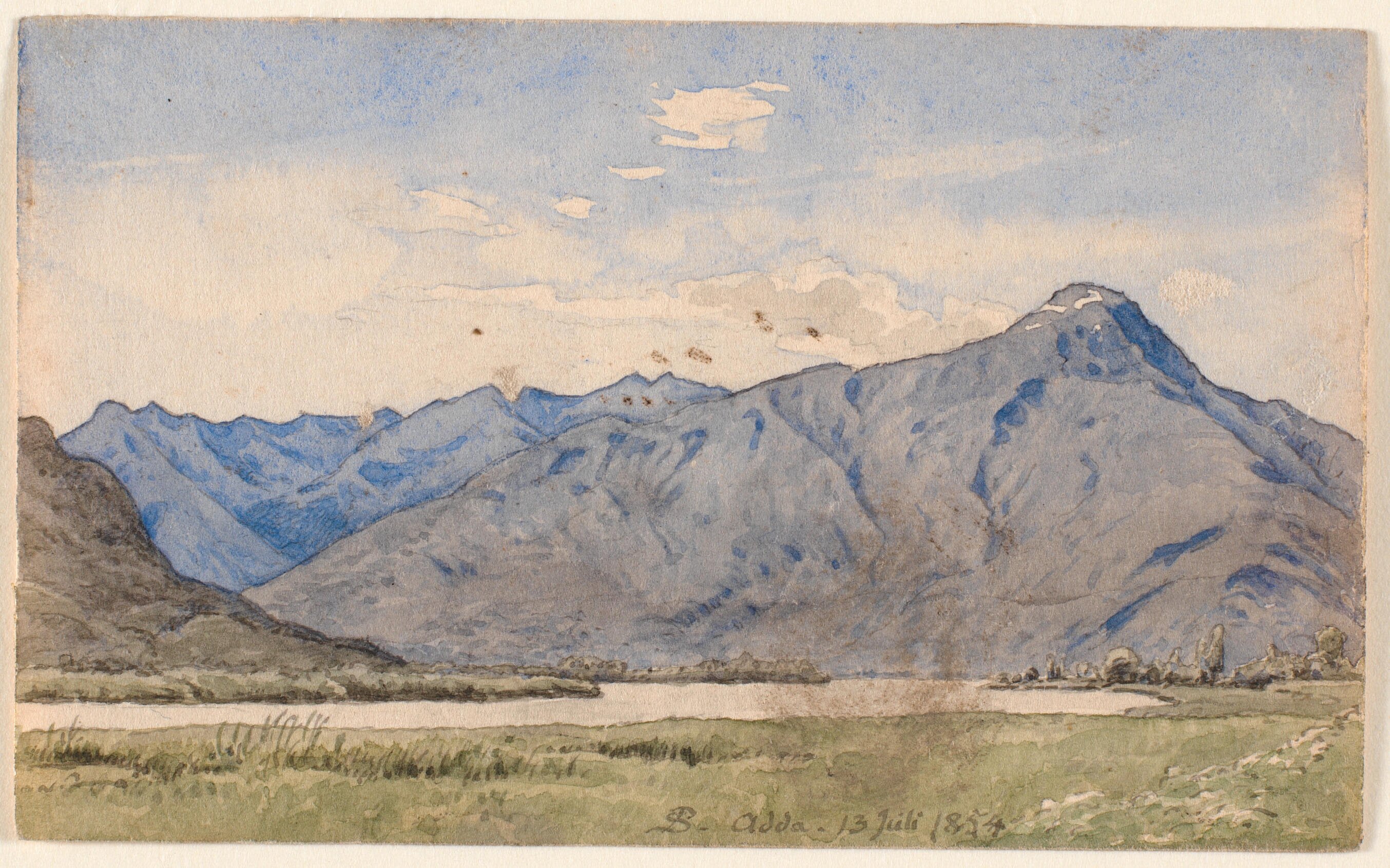 Italiensk landskab med en flod og bjerge.