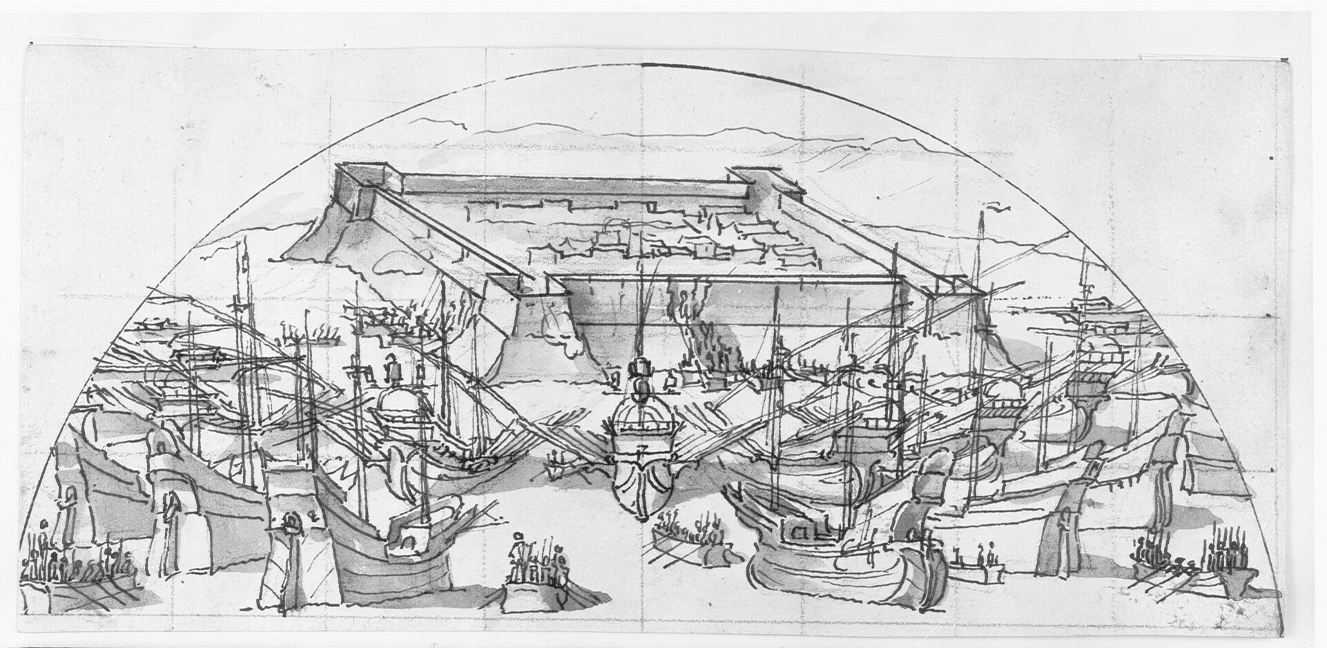 Galejer ankret op foran et fort - omkring dem landgangsbåde