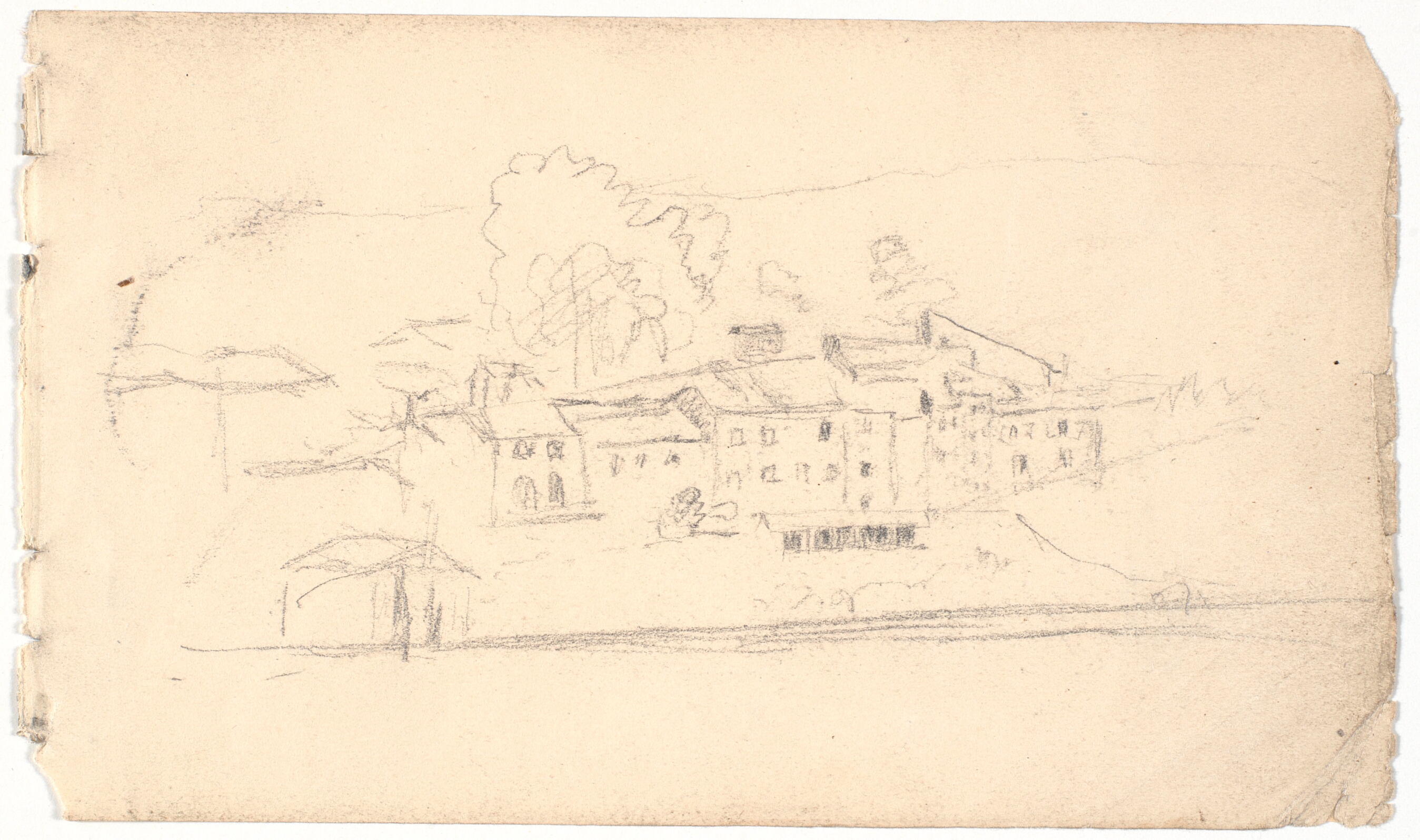 Italiensk landskab med klynge af huse