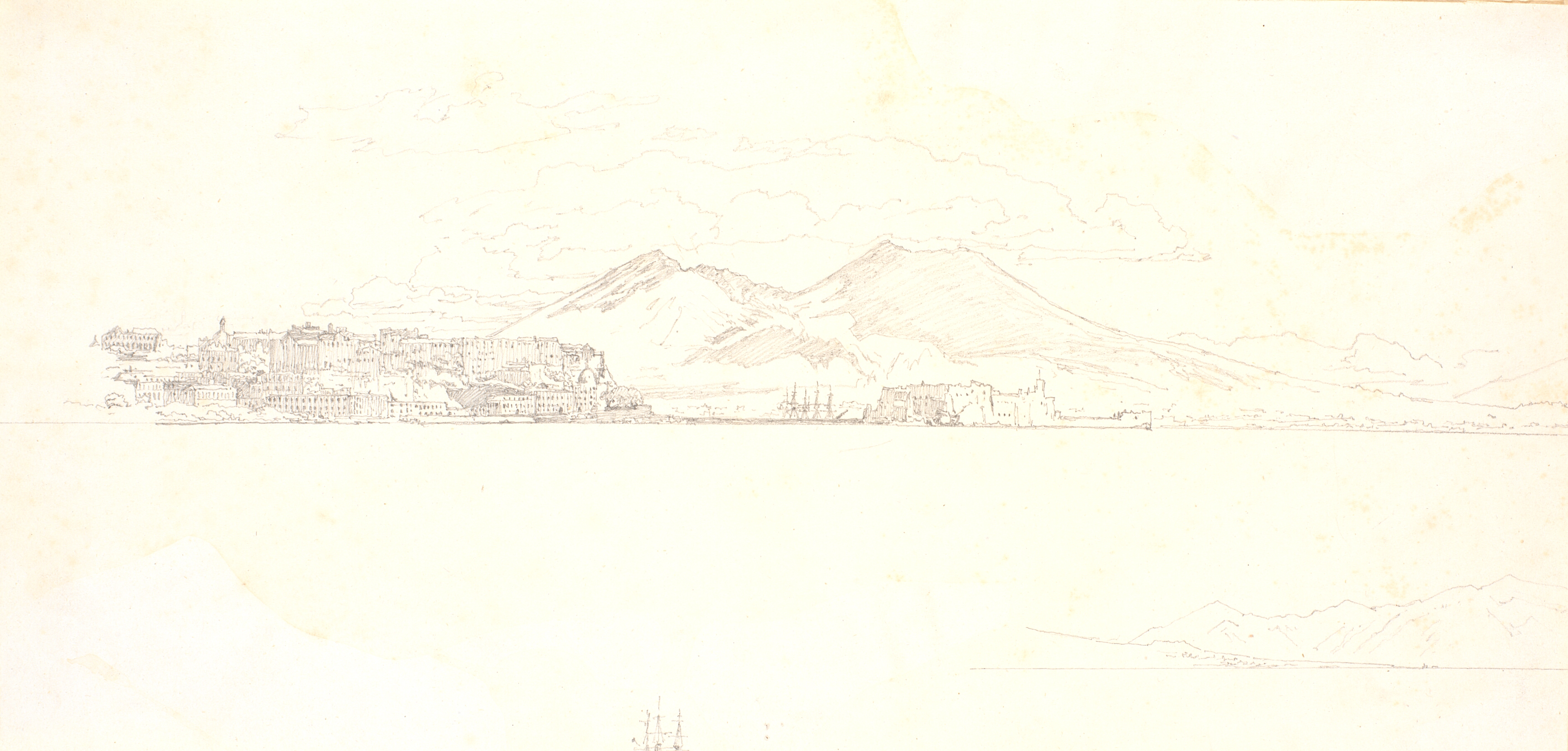 Parti af bugten ved Napoli fra Villa Reale. I baggrunden Vesuv