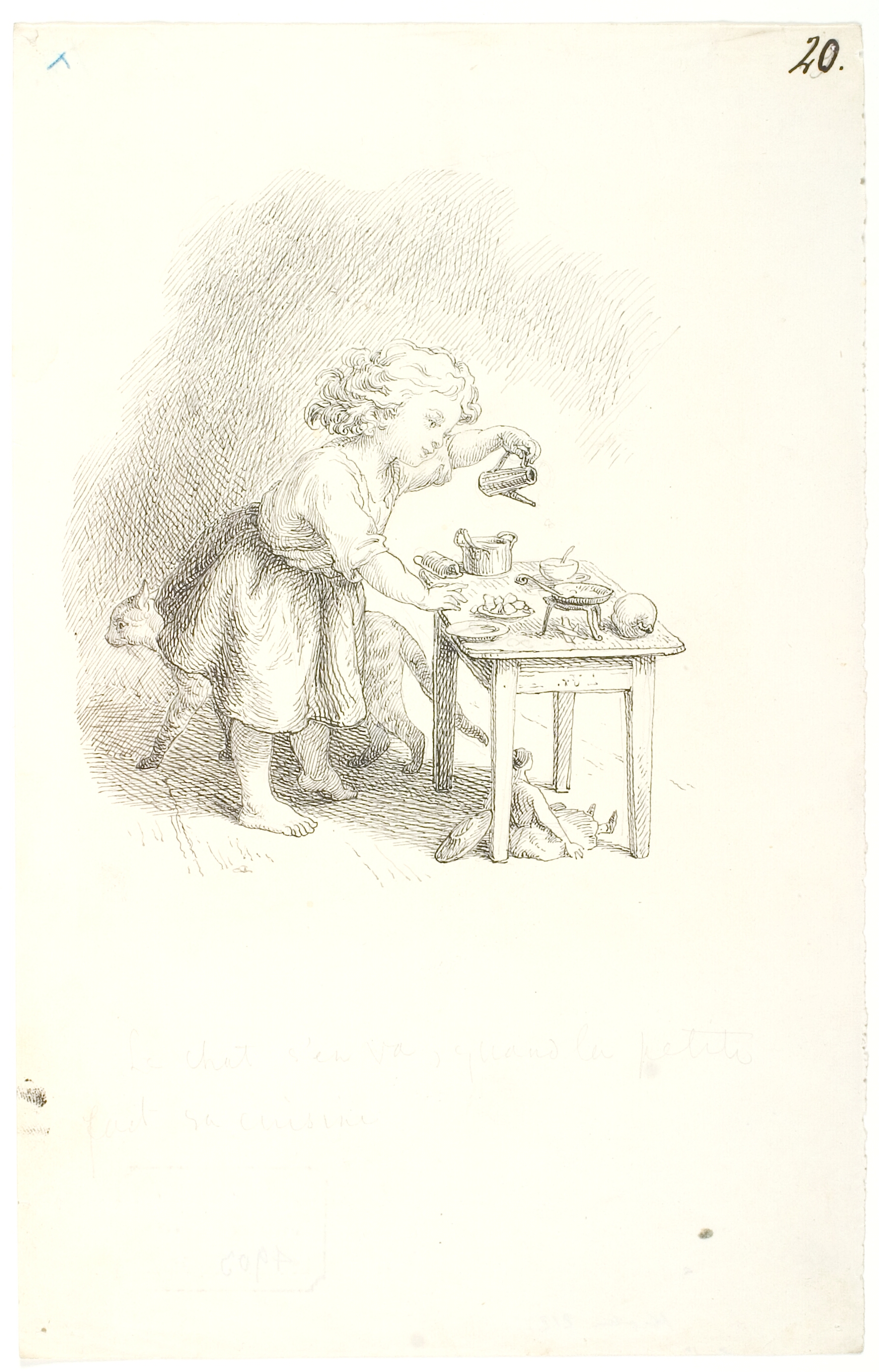 Katten går sin vej, når den lille pige laver mad