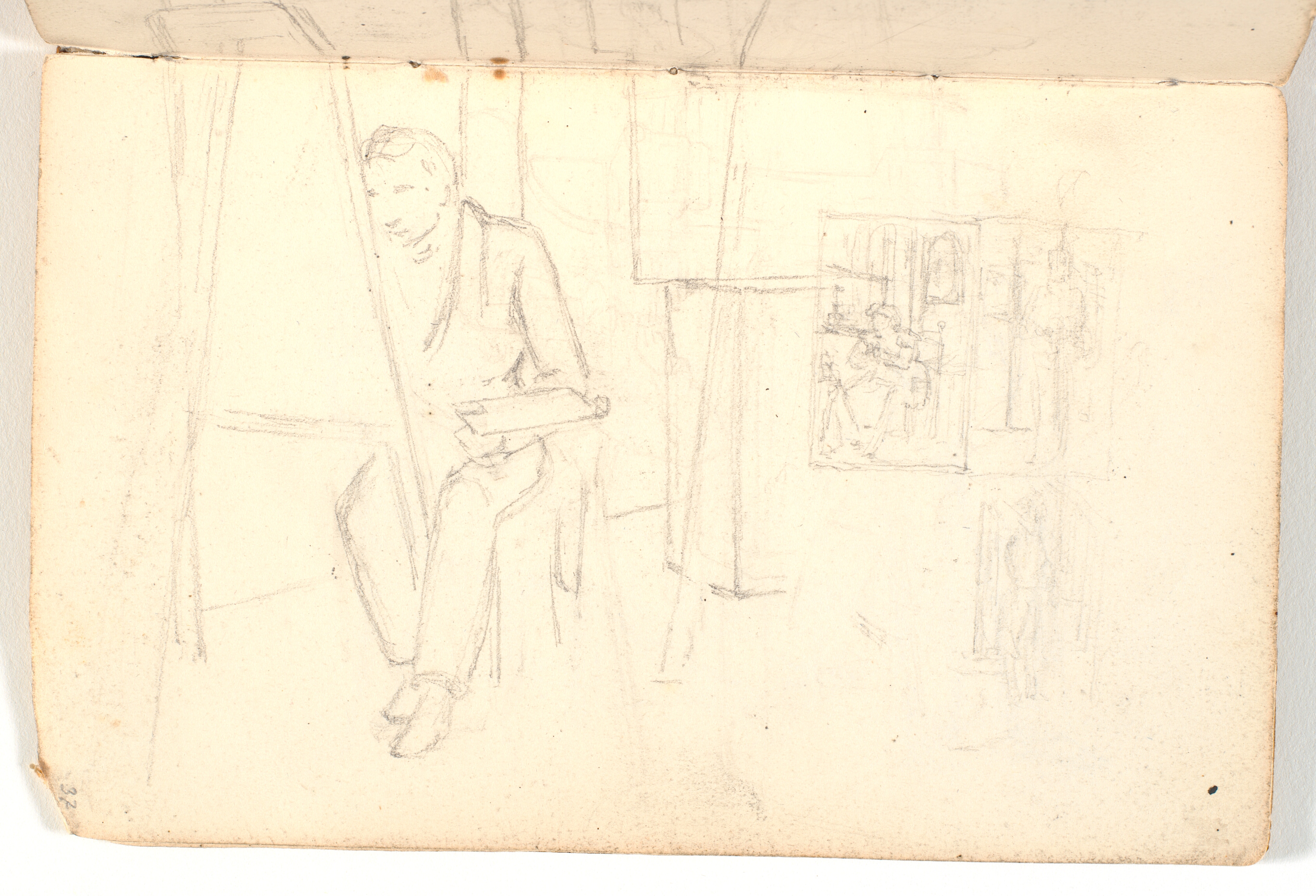 Interiør med kunstner ved staffeli