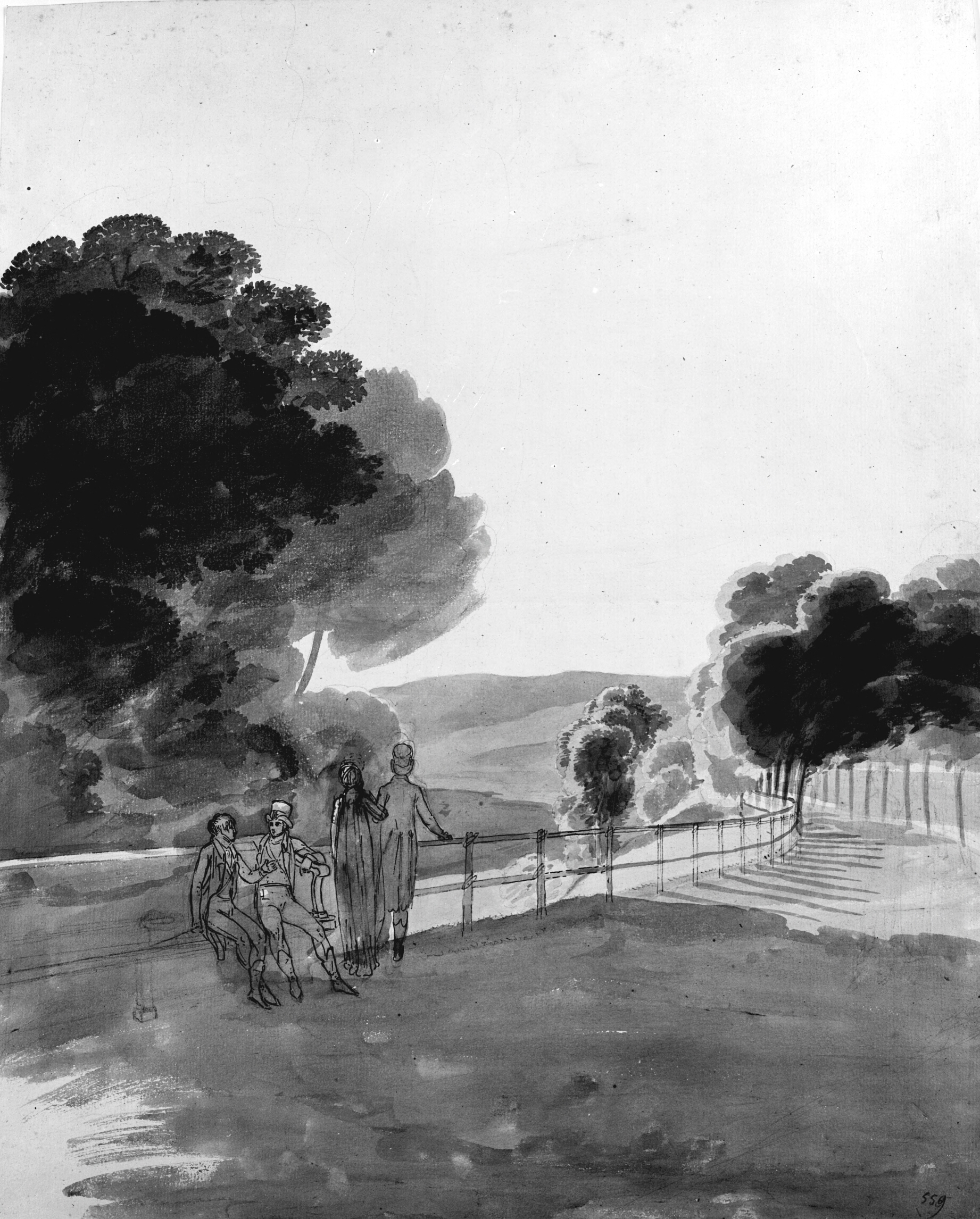 En allé der snor sig langs en dal; i forgrunden til venstre sidder to herrer på en lang stenbænk, ved siden af står et par