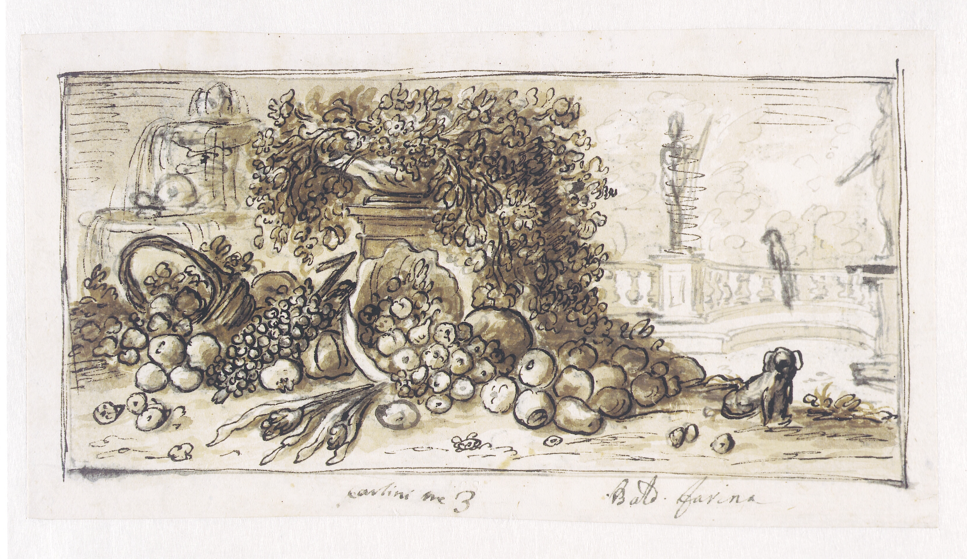 Stilleben i en park med en fontæne, en hund og en papegøje