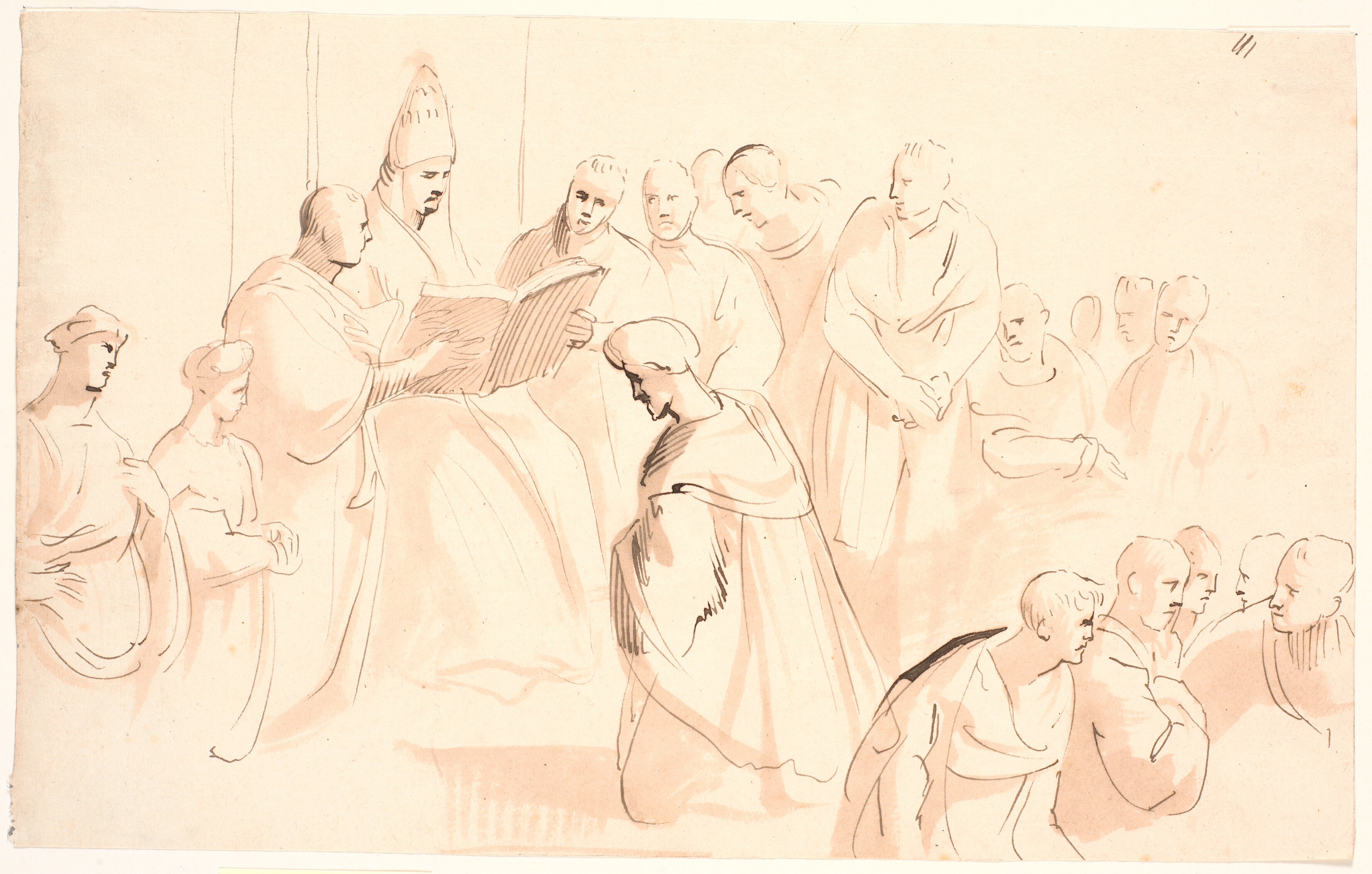 Figurkomposition omkring en tronende, læsende pave