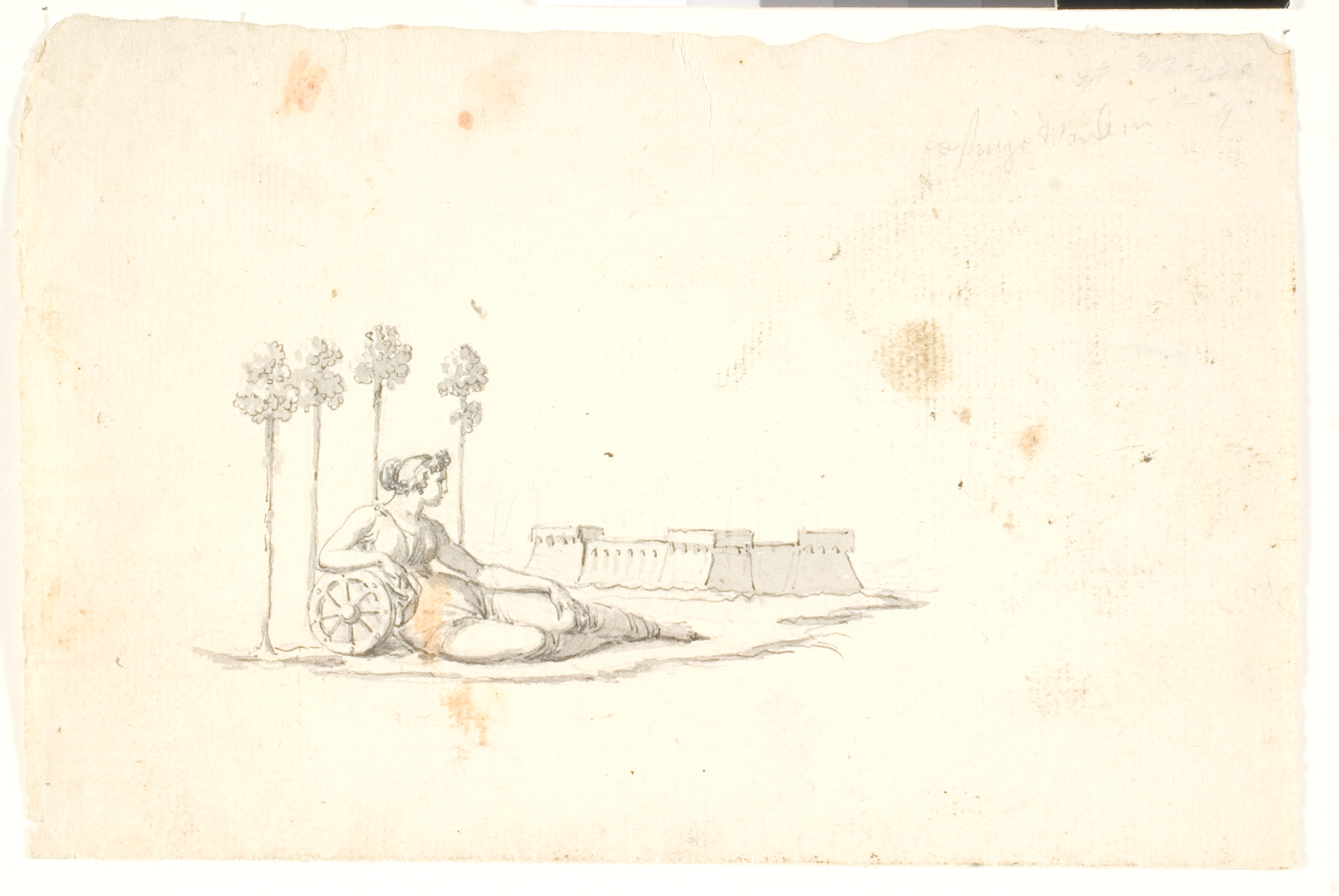 Liggende kvinde i klassisk dragt med et hjul. I baggrunden en fæstninglignende bygning