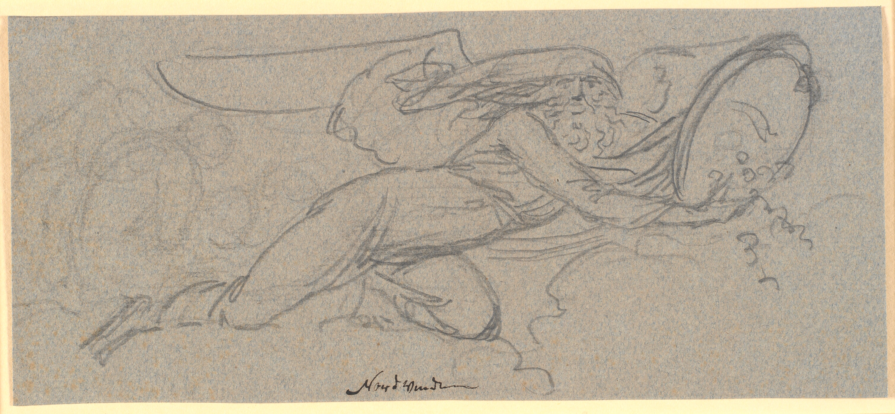 Udkast til dørstykke. En vinget olding på knæ, der ryster sne ud af et sold, fremstillende Nordenvinden