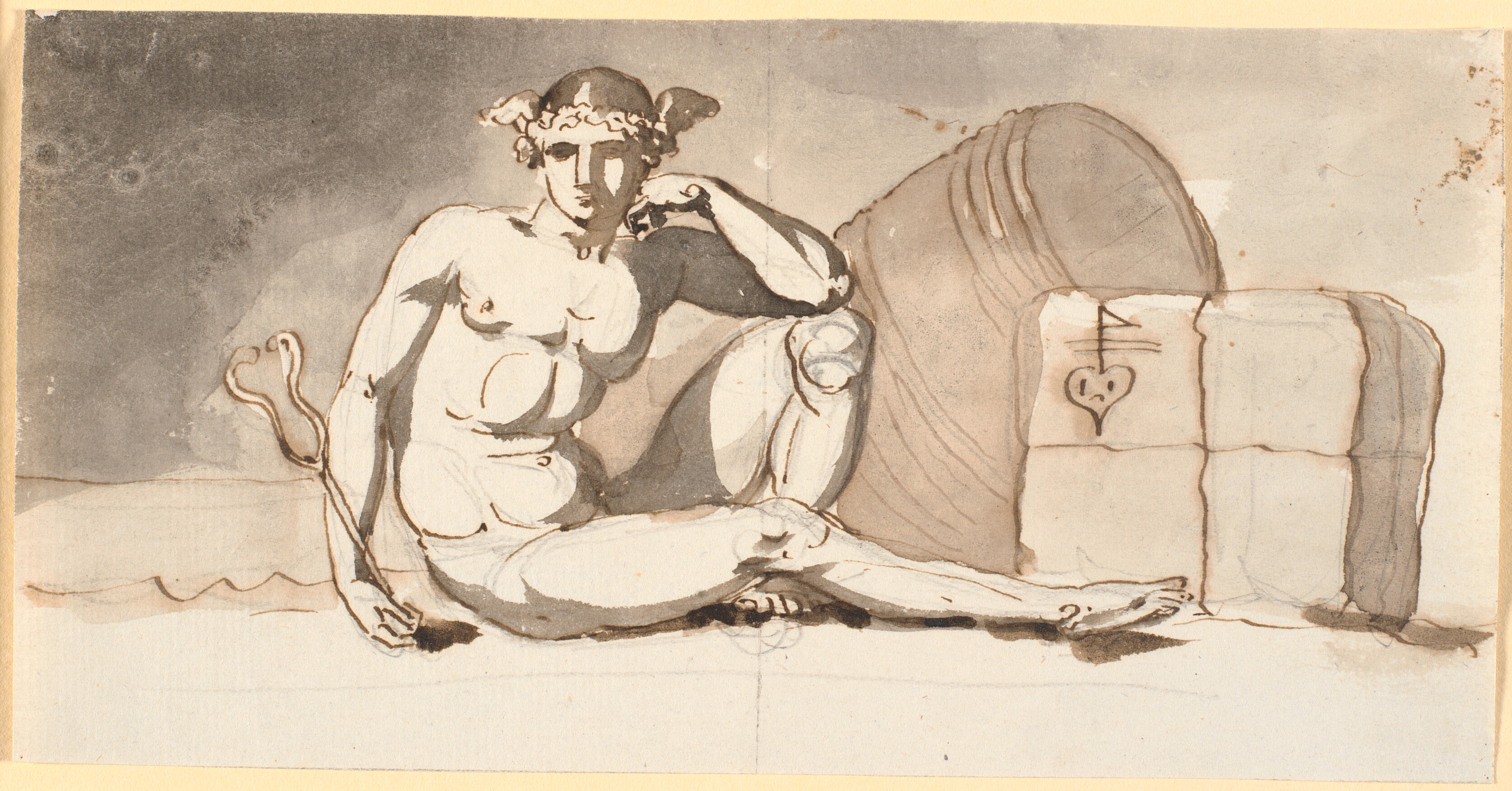 Merkur, siddende ved vareballer. Allegori på handelen