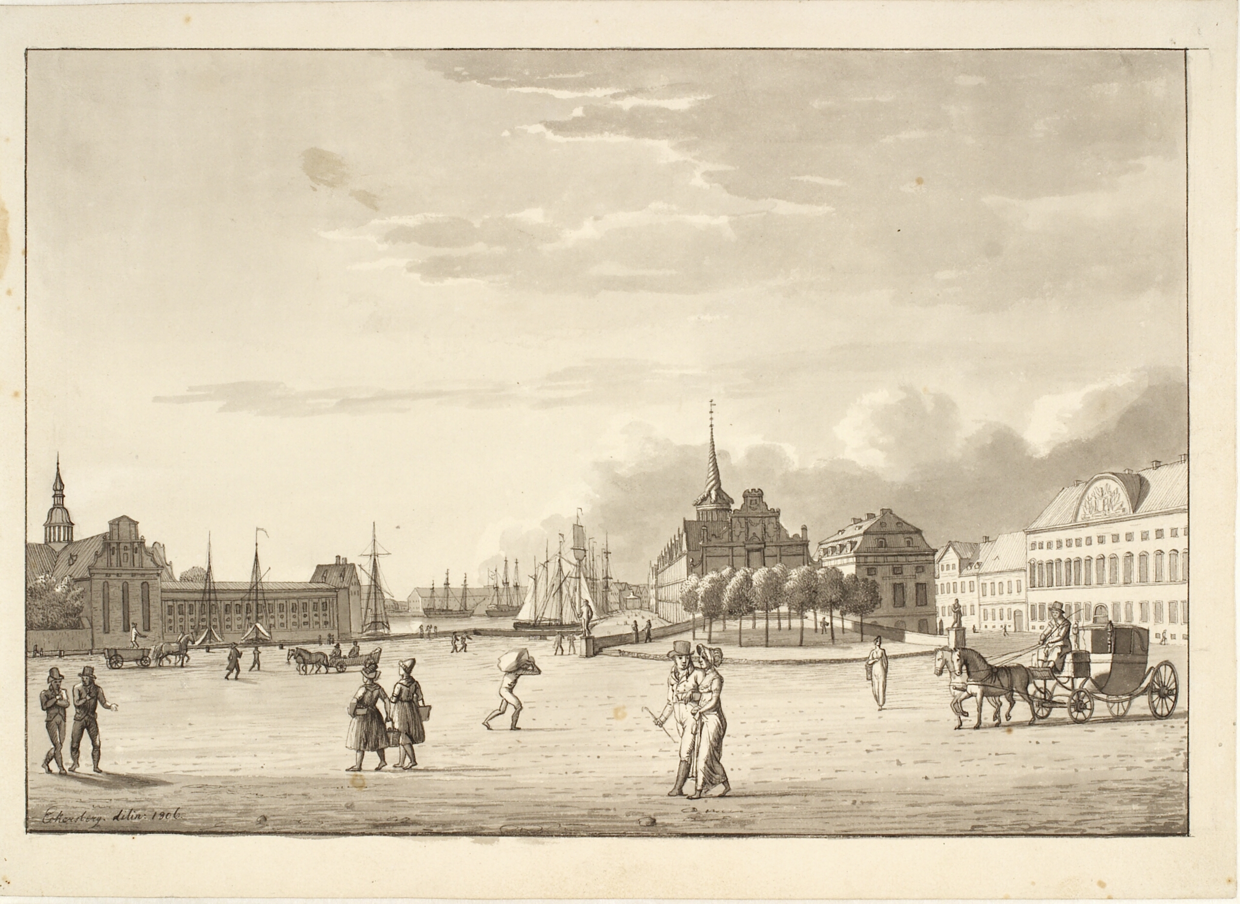 Slotspladsen i København med Holmens kirke, Børsen, den nu forsvundne bank og kancellibygning ("Den røde bygning")