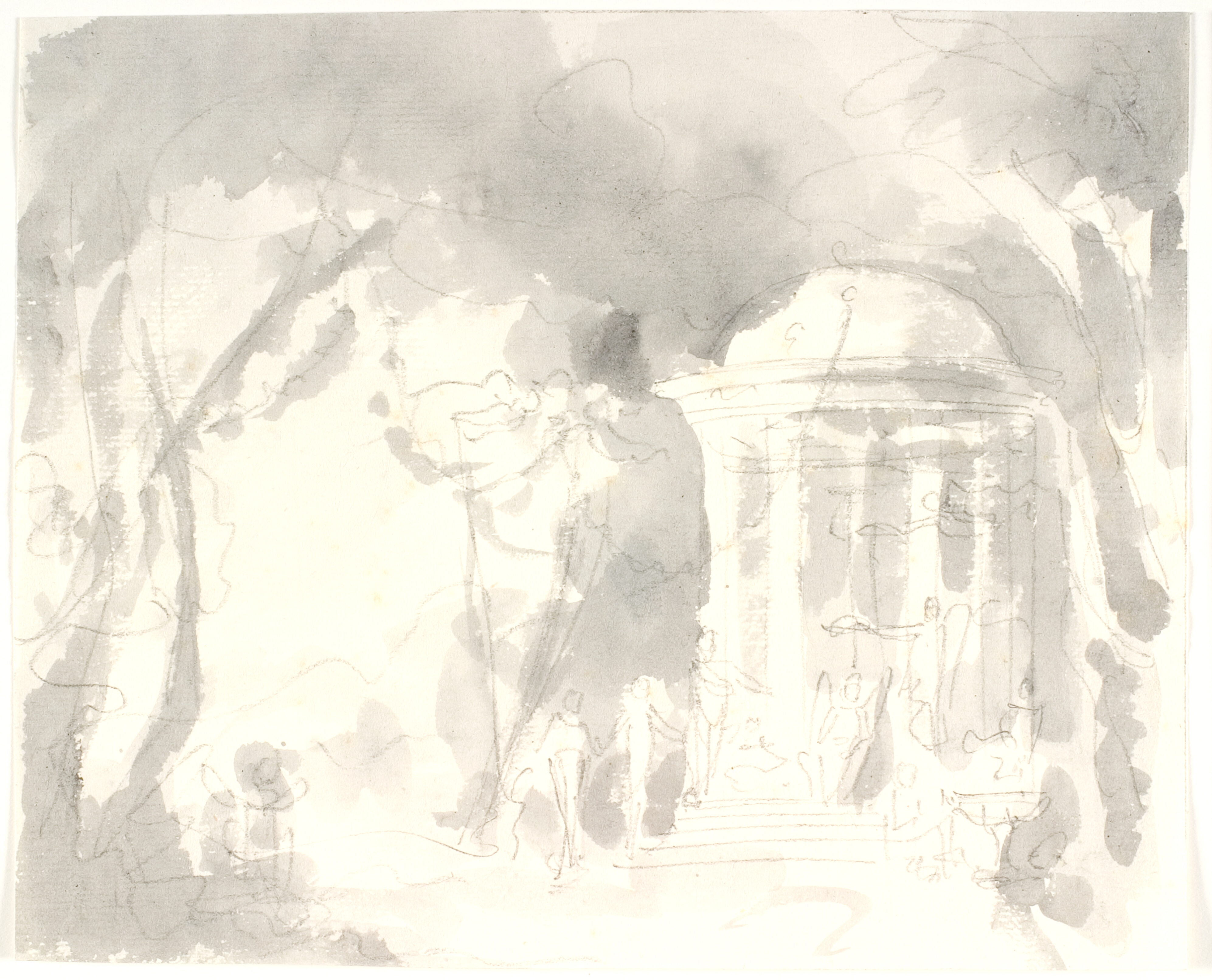 Rundtempel med vingede skikkelser omgivet af træer