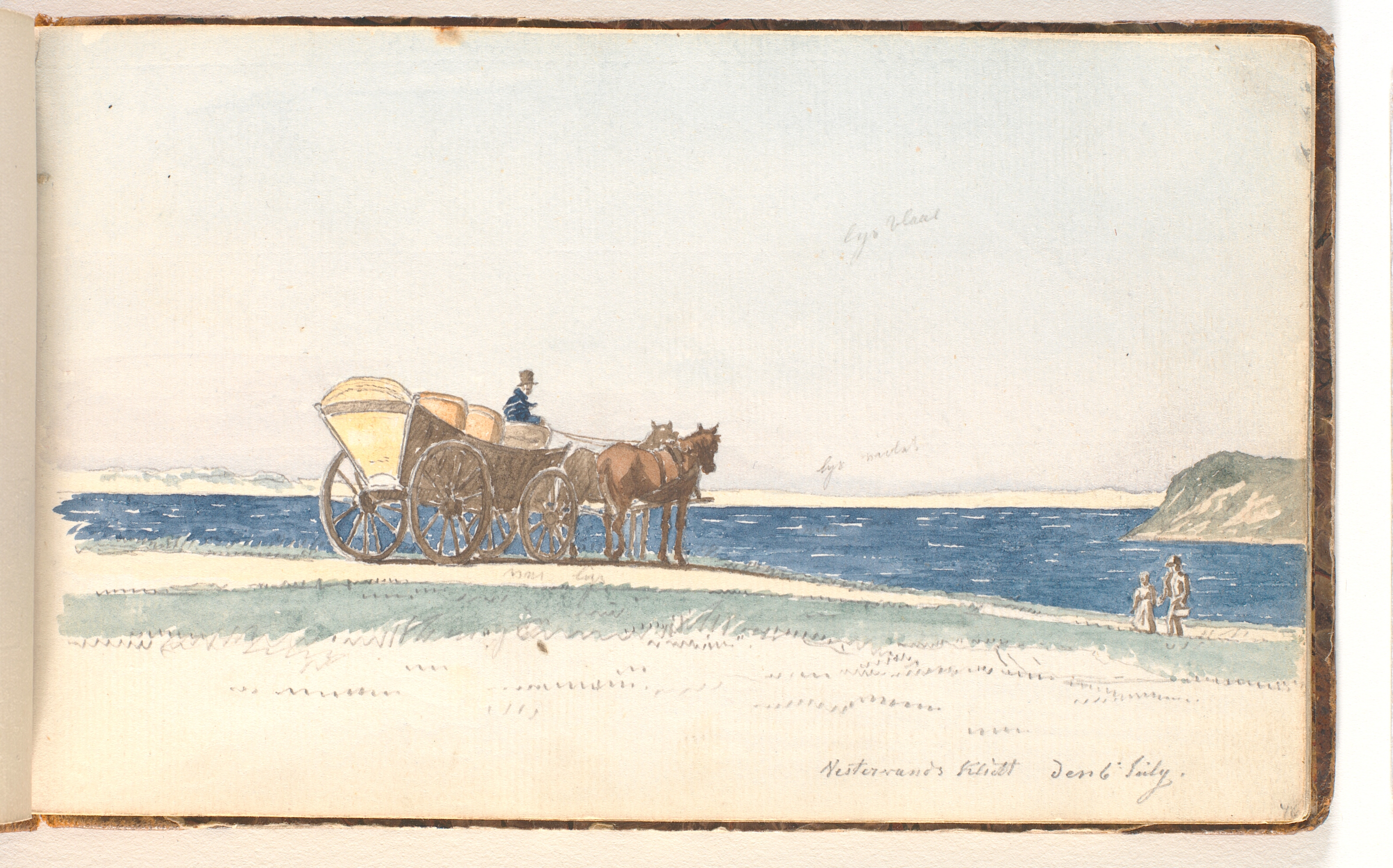 En hestevogn, der holder på en klit nær vandet; 2 mennesker kommer gående op mod vognen