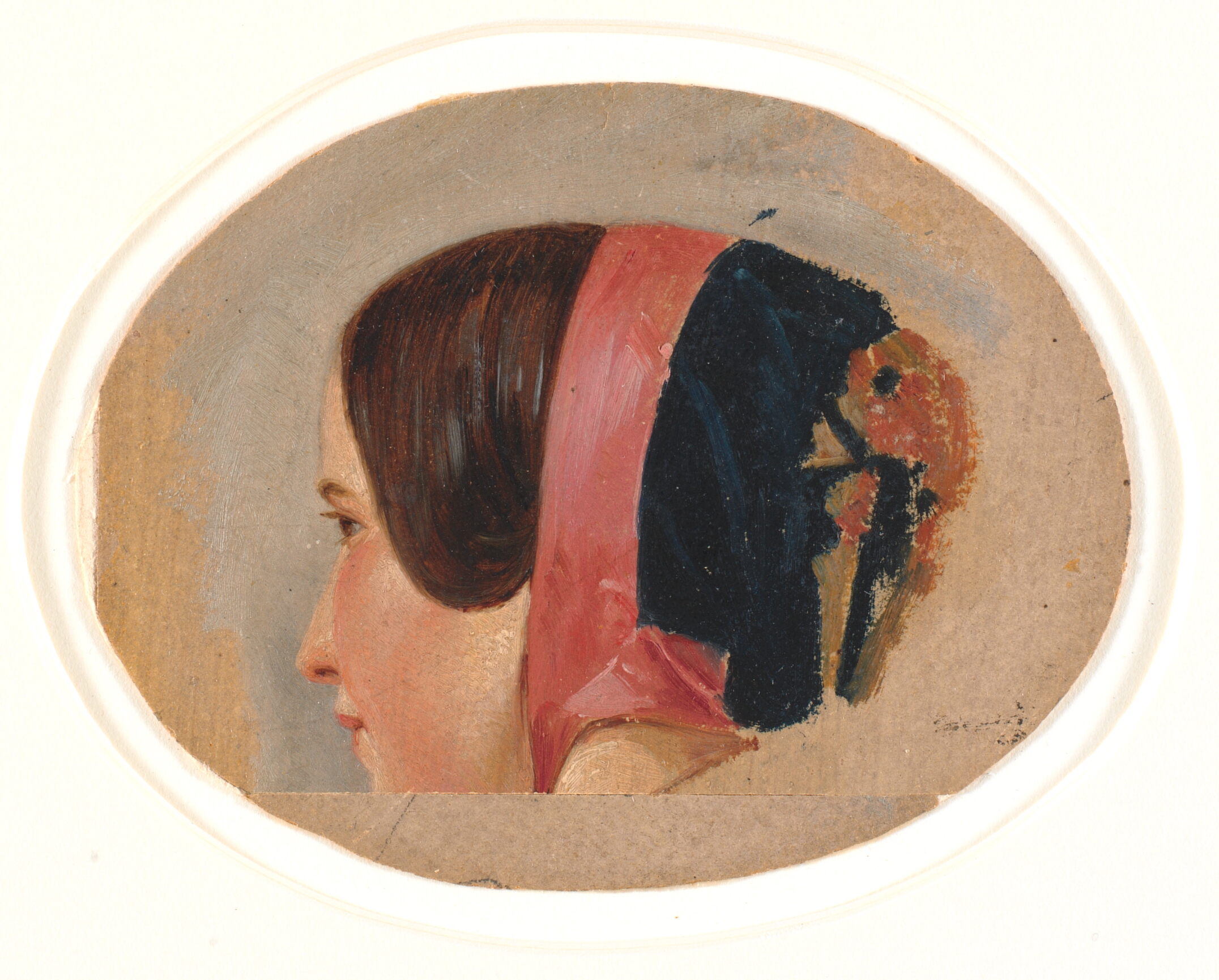 Portræt af ung pige med kyse, bortvendt profil mod venstre