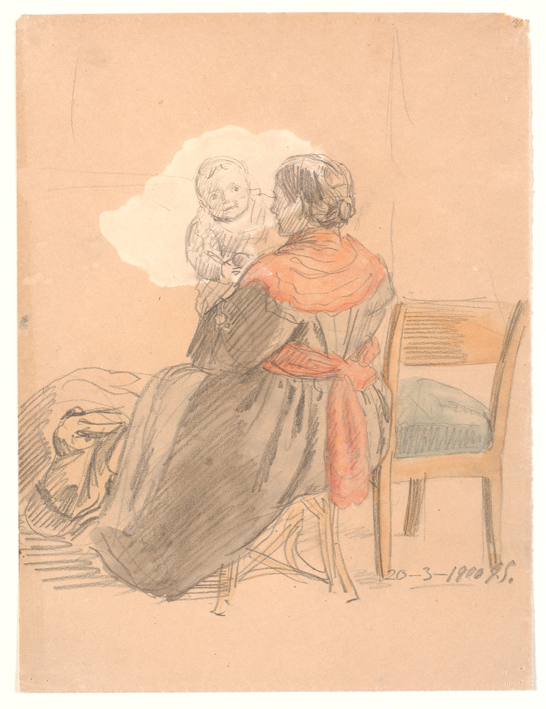 Siddende, rygvendt kvinde med barn