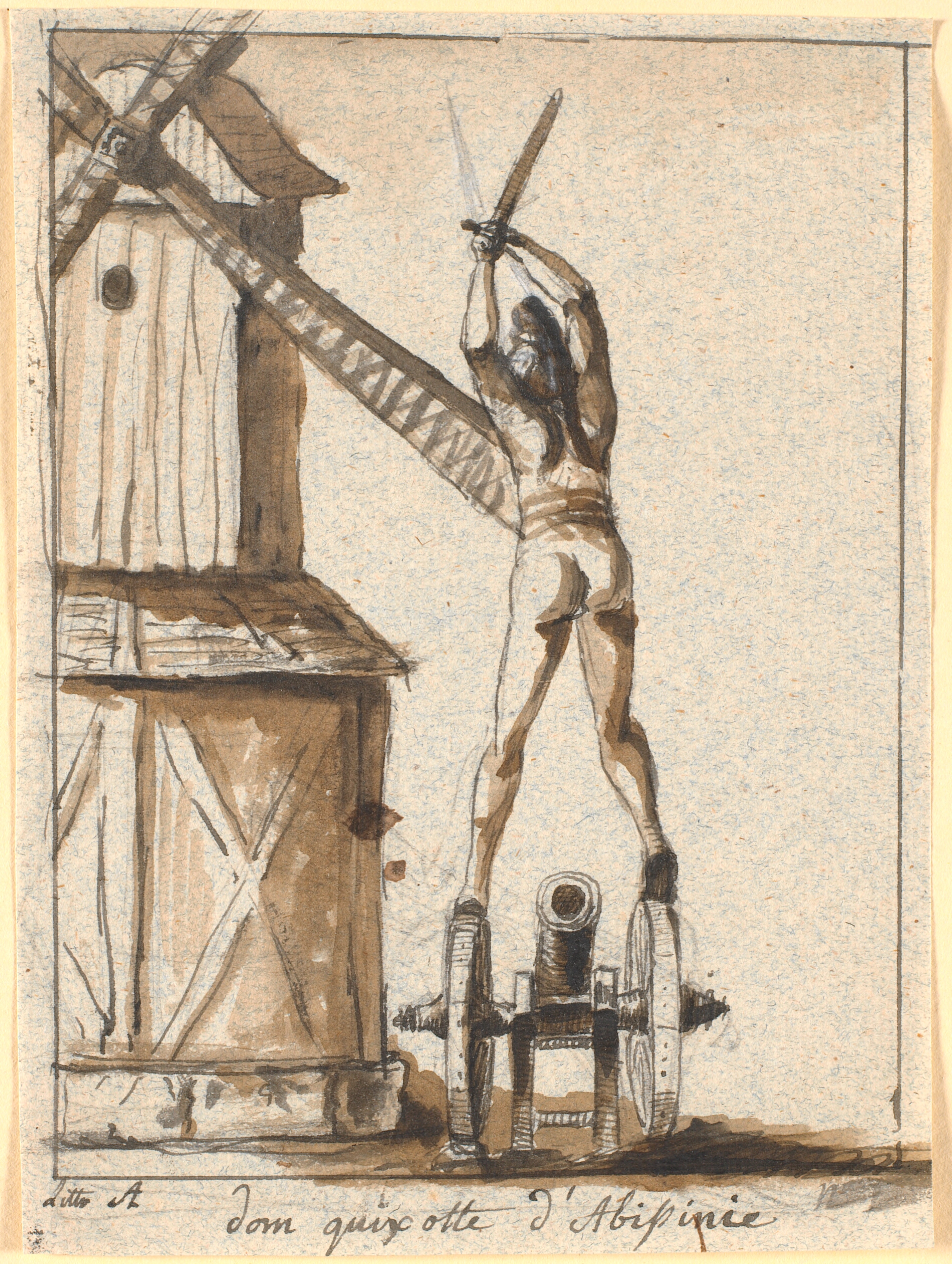 Don Quixote, stående på en kanon, med sværdet hævet mod en møllevinge