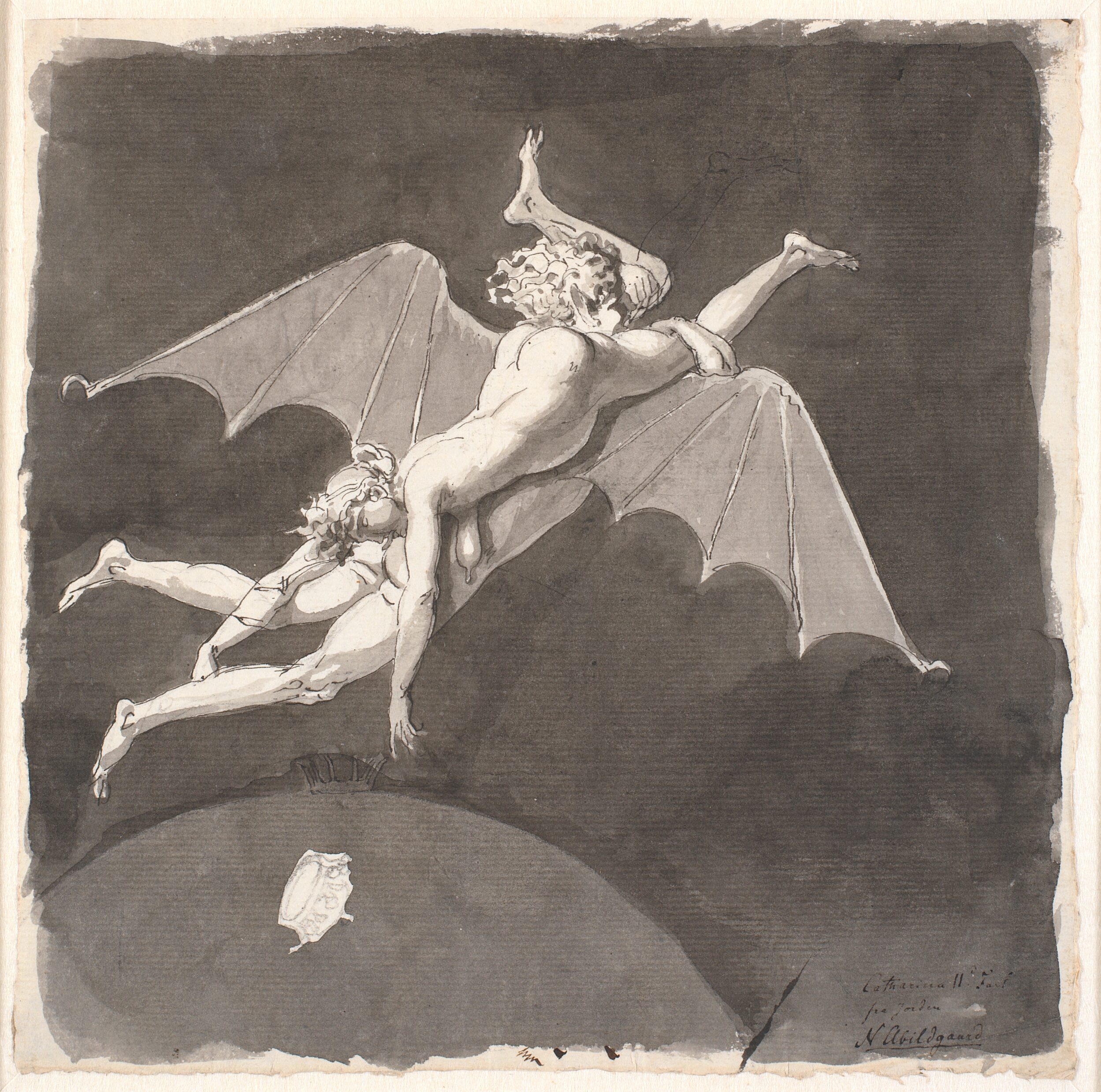 Catharina II's fart fra jorden. Hun hviler på ryggen af en mand med flagermusvinger